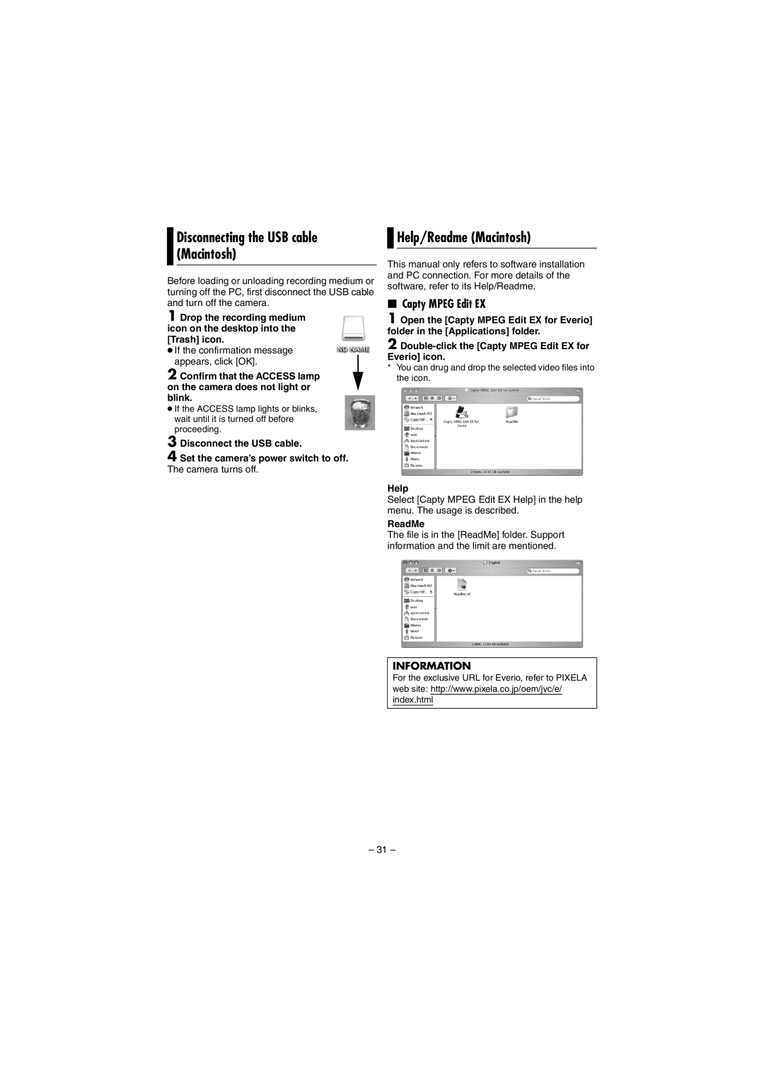 JVC GZ-MG20AA, GZ-MG20AS, GZ-MG20AC, GZ-MG30AC manual Help/Readme Macintosh, Disconnecting the USB cable Macintosh, ReadMe 