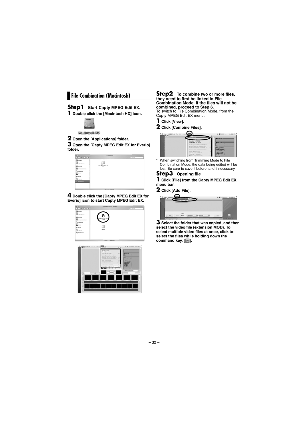 JVC GZ-MG20AS, GZ-MG20AC, GZ-MG30AC File Combination Macintosh, Start Capty Mpeg Edit EX Double click the Macintosh HD icon 