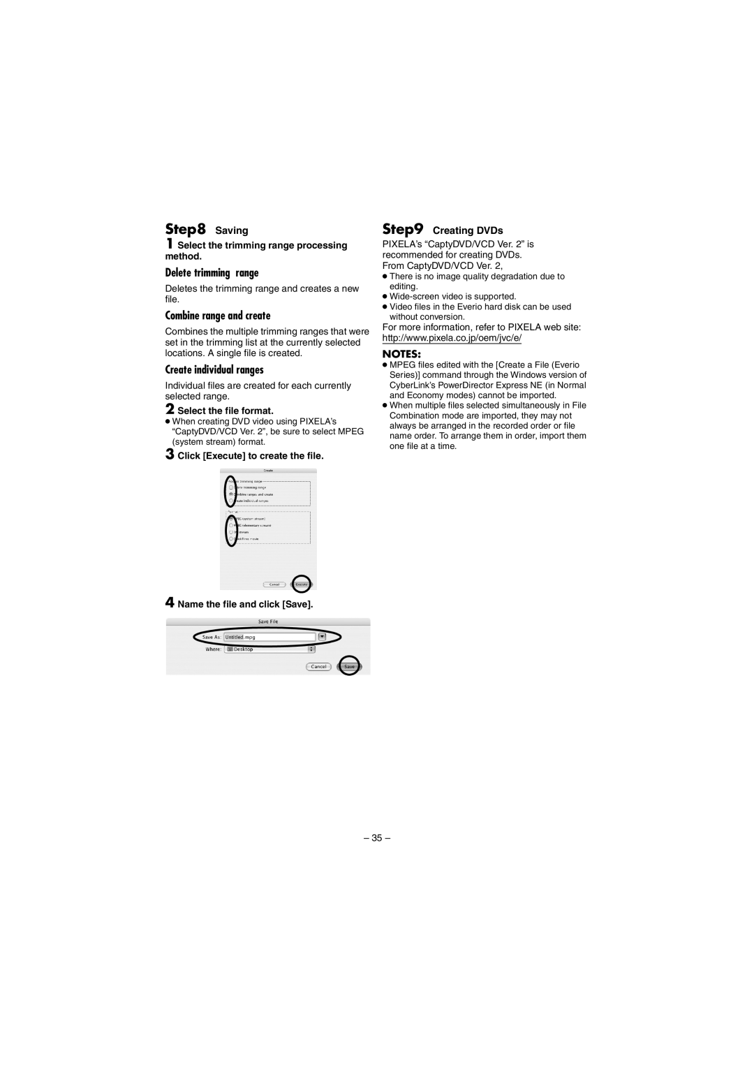 JVC GZ-MG20AG, GZ-MG20AS, GZ-MG20AC manual Saving, Delete trimming range, Combine range and create, Create individual ranges 