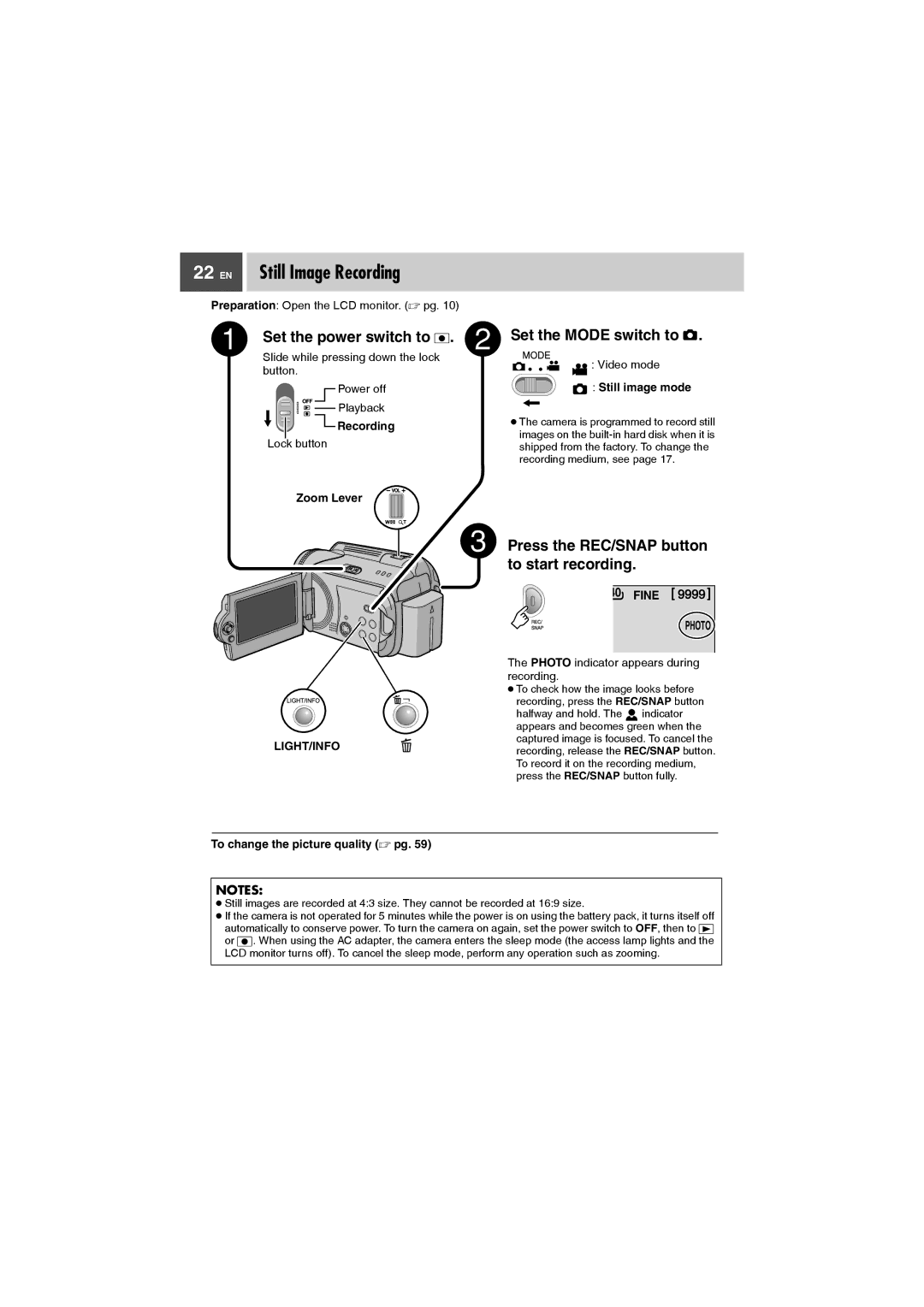 JVC GZ-MG27AA manual EN Still Image Recording, Zoom Lever, Still image mode, Fine Photo, To change the picture quality  pg 