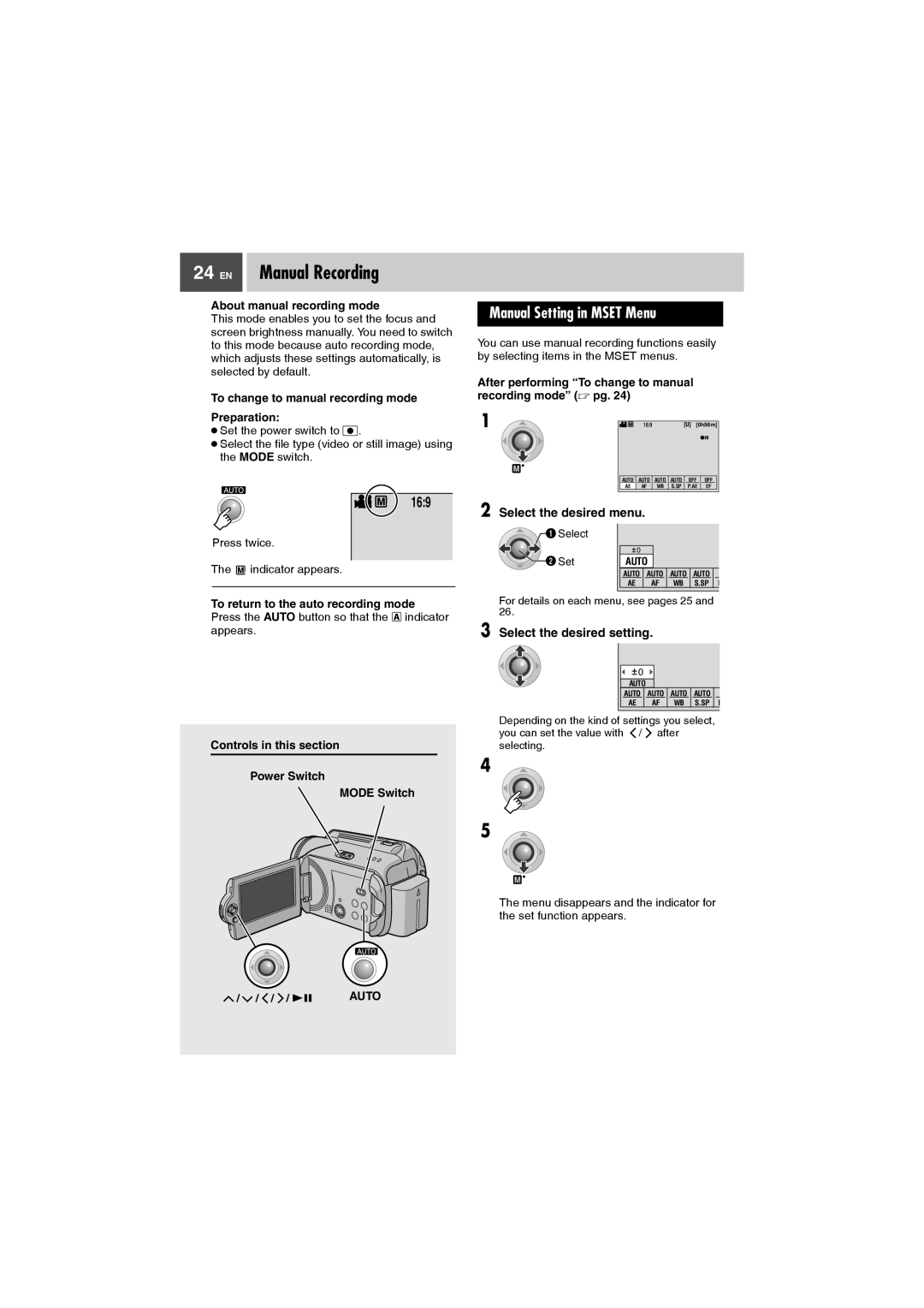 JVC GZ-MG27AA manual Manual Recording, Select the desired setting, Auto 