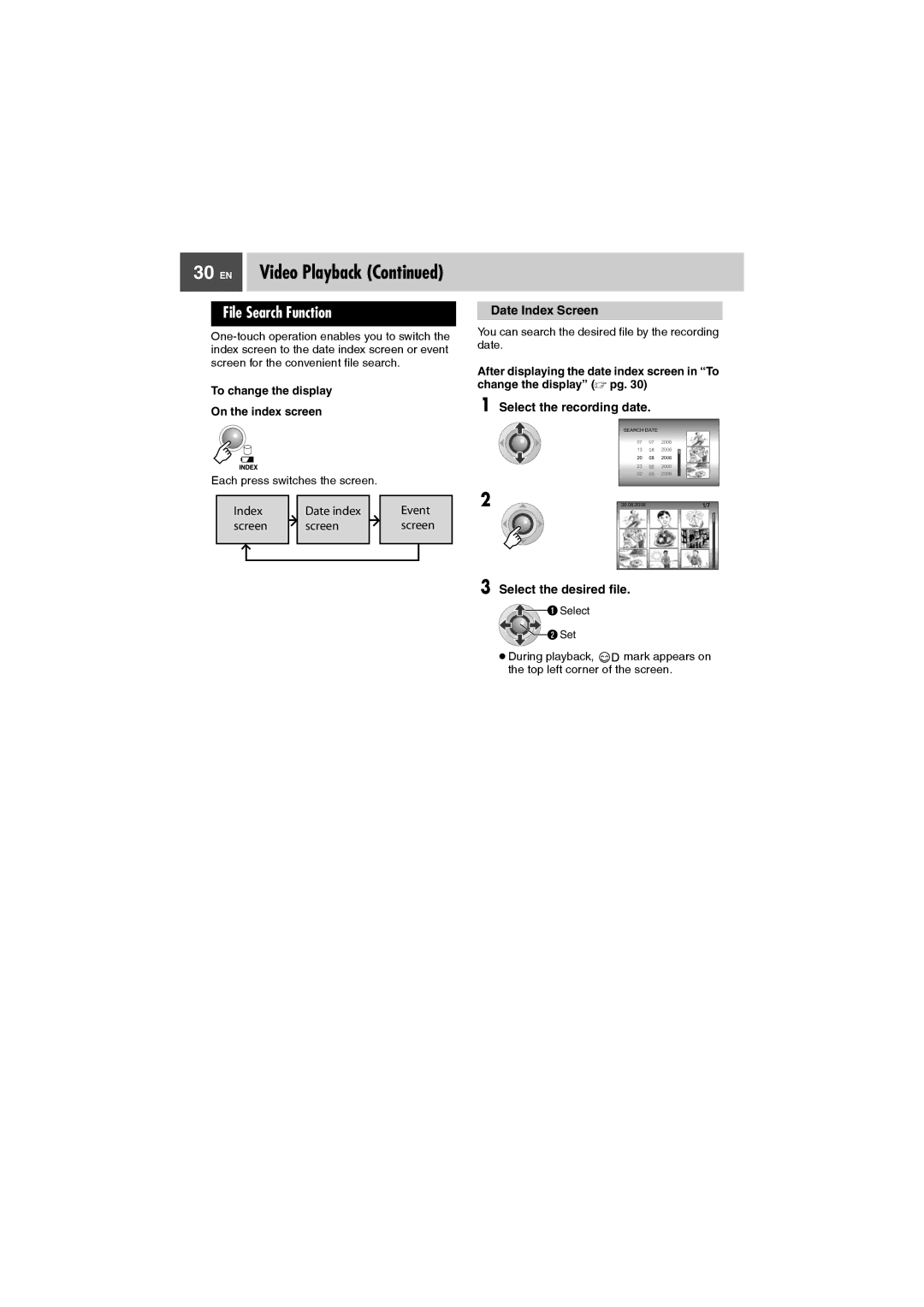 JVC GZ-MG27AA manual File Search Function, Date Index Screen, Select the recording date, Select the desired file 