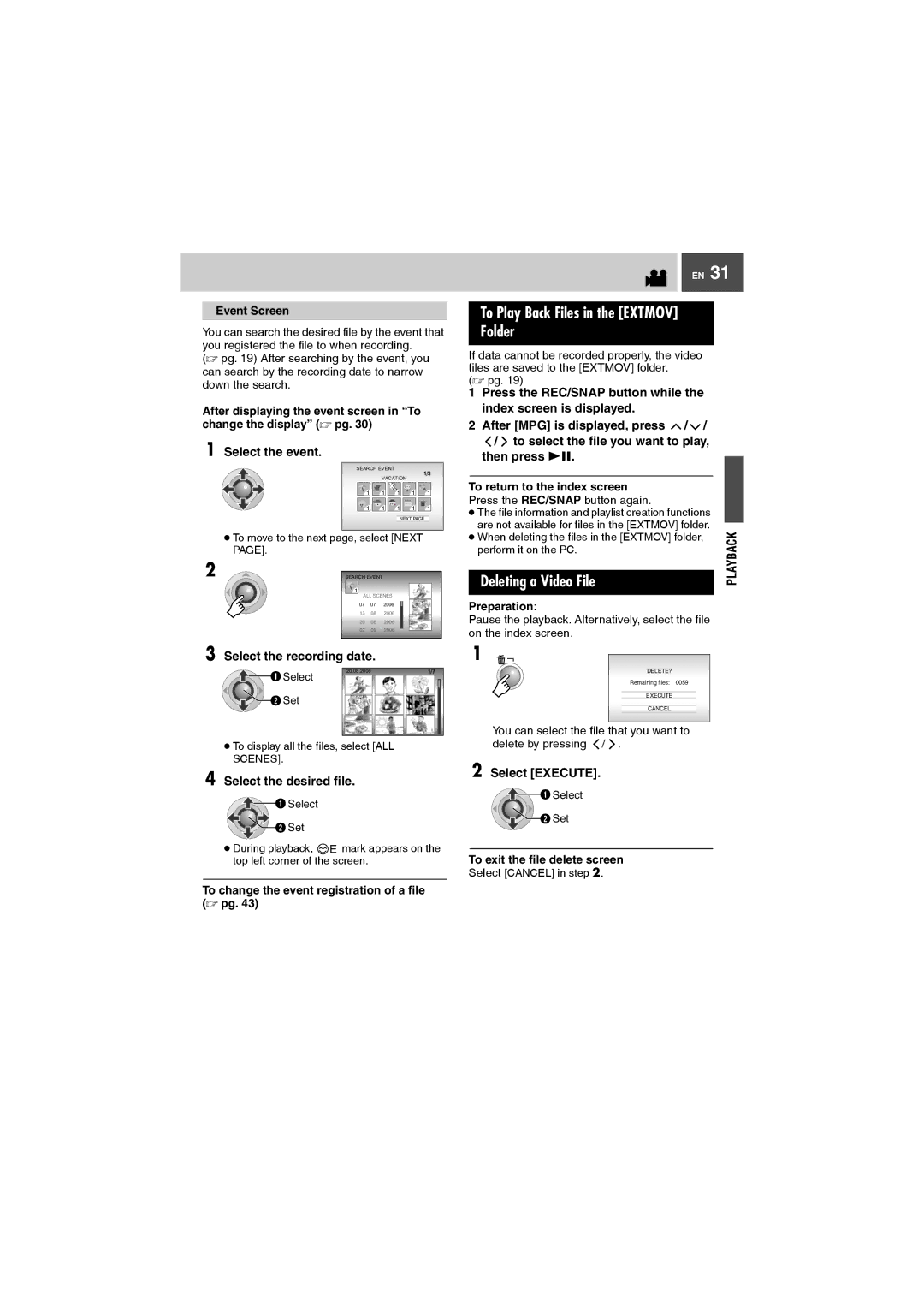 JVC GZ-MG27AA manual To Play Back Files in the Extmov Folder, Deleting a Video File, Select the event 