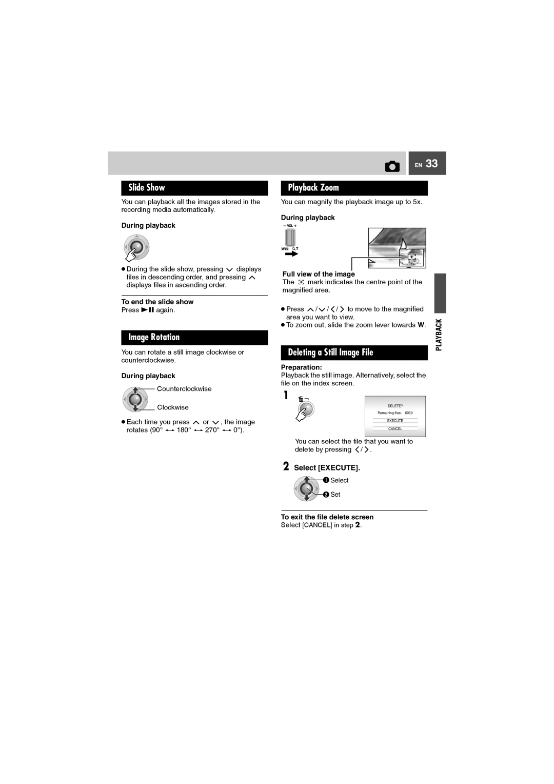 JVC GZ-MG27AA manual Slide Show, Image Rotation, Playback Zoom, Deleting a Still Image File 