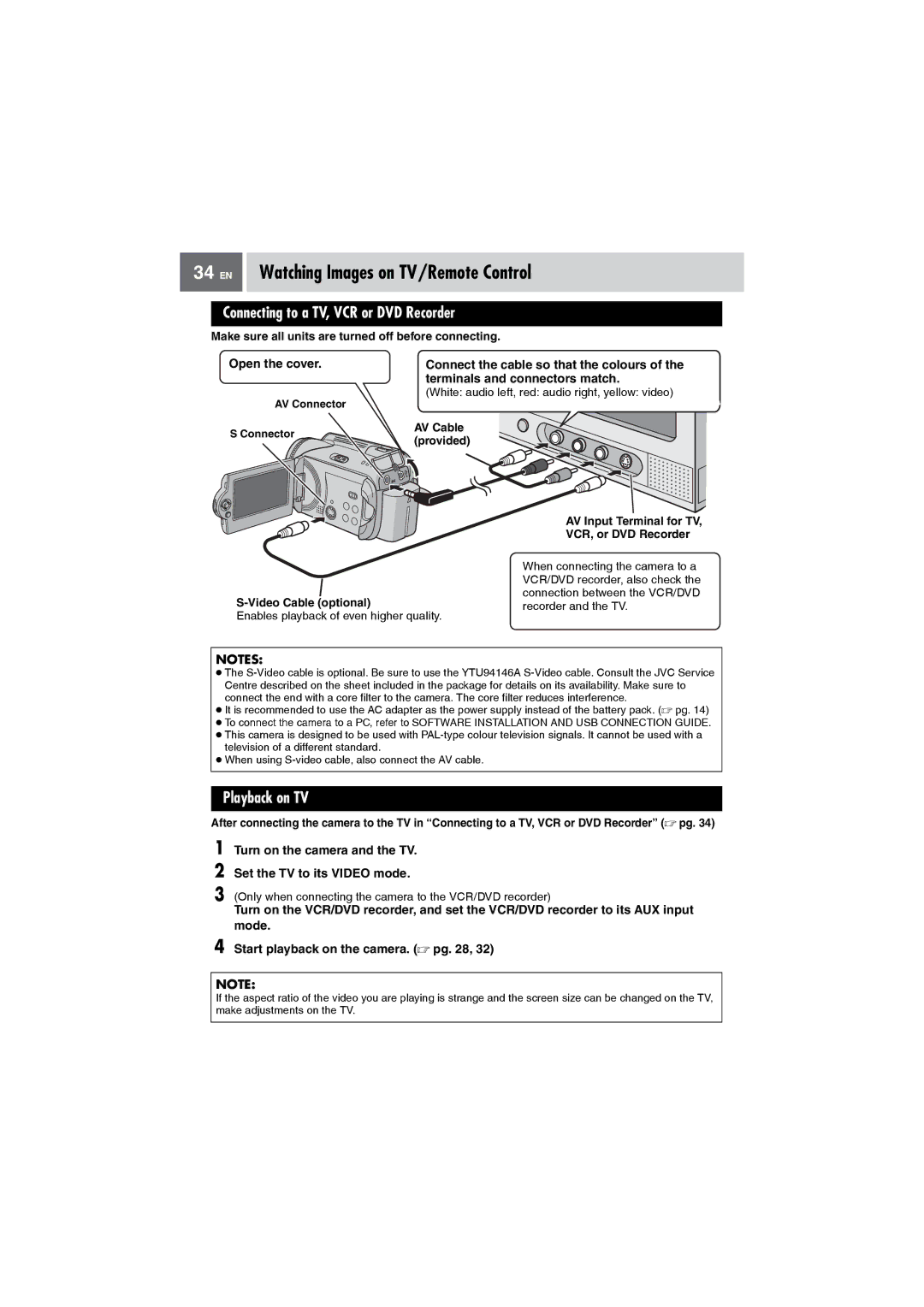 JVC GZ-MG27AA manual EN Watching Images on TV/Remote Control, Connecting to a TV, VCR or DVD Recorder, Playback on TV 