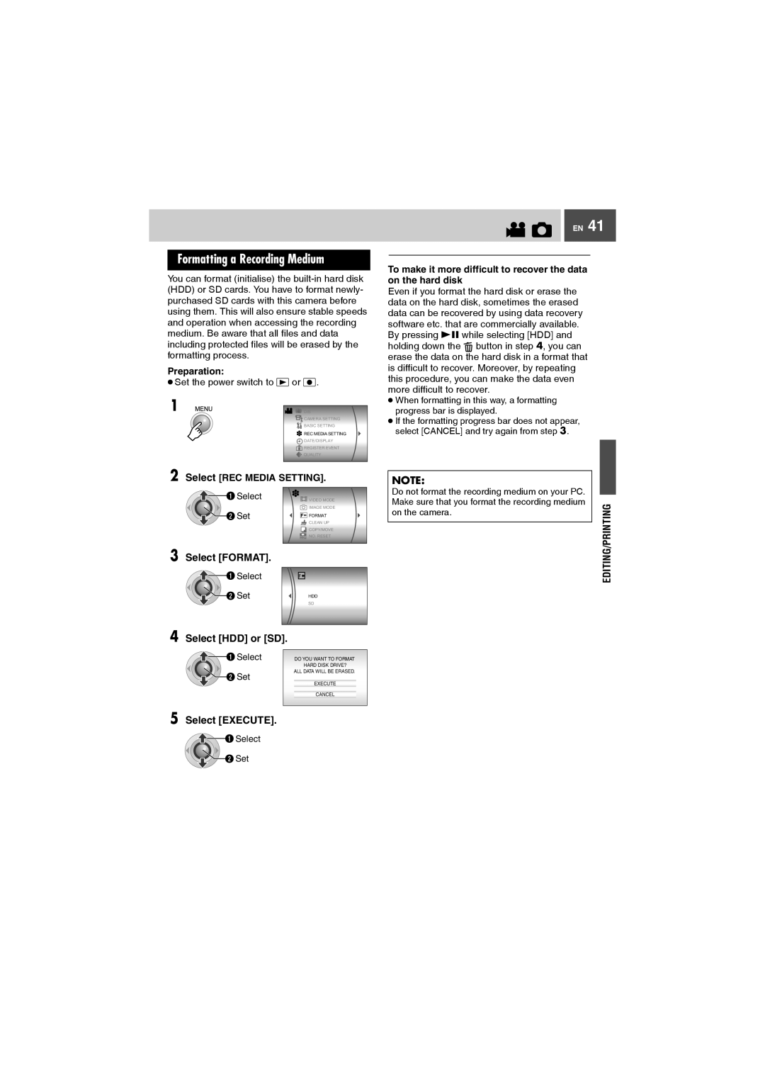 JVC GZ-MG27AA manual Formatting a Recording Medium, Select Format, Select HDD or SD, Select REC Media Setting 