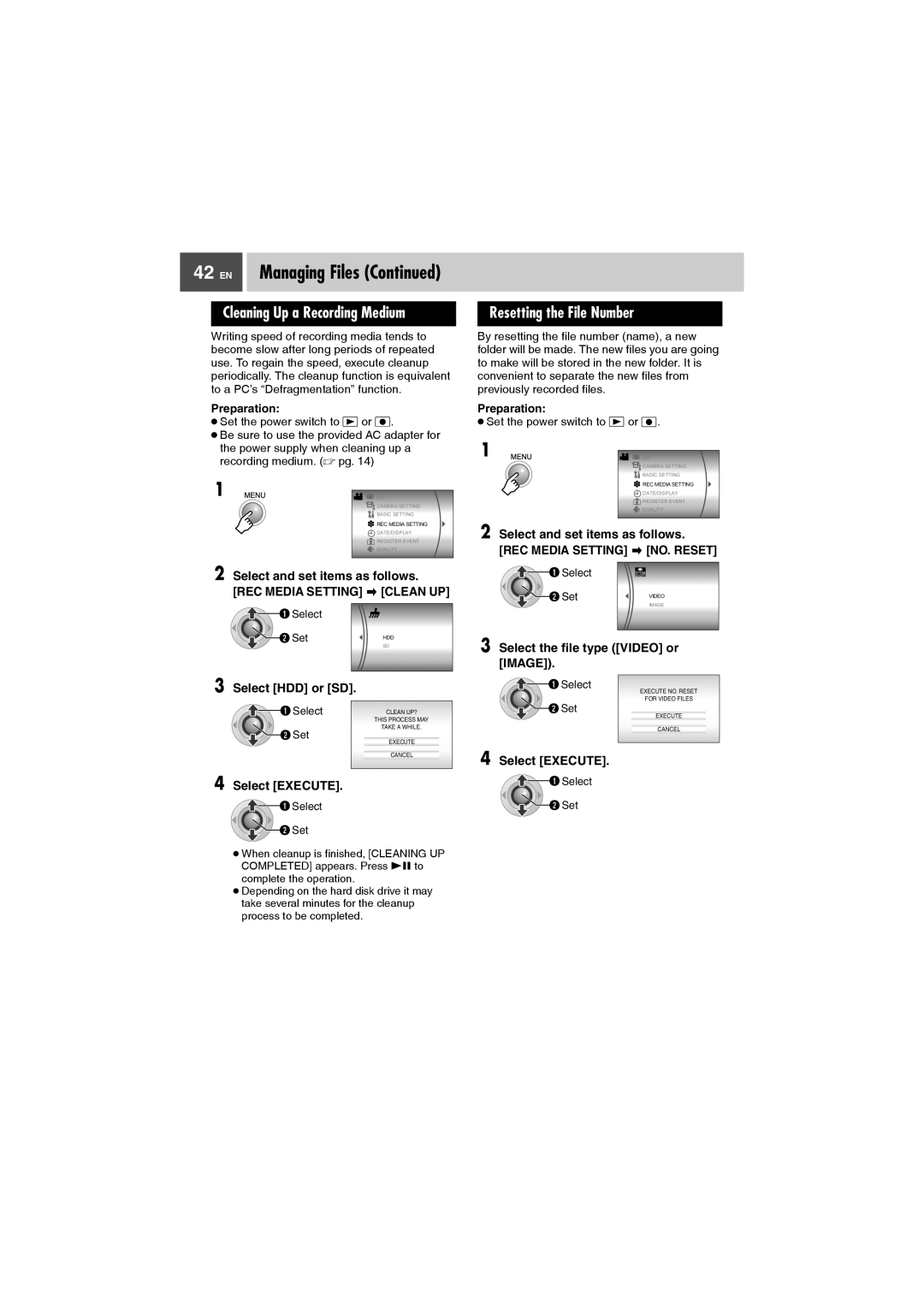 JVC GZ-MG27AA manual Cleaning Up a Recording Medium, Resetting the File Number, Select and set items as follows 