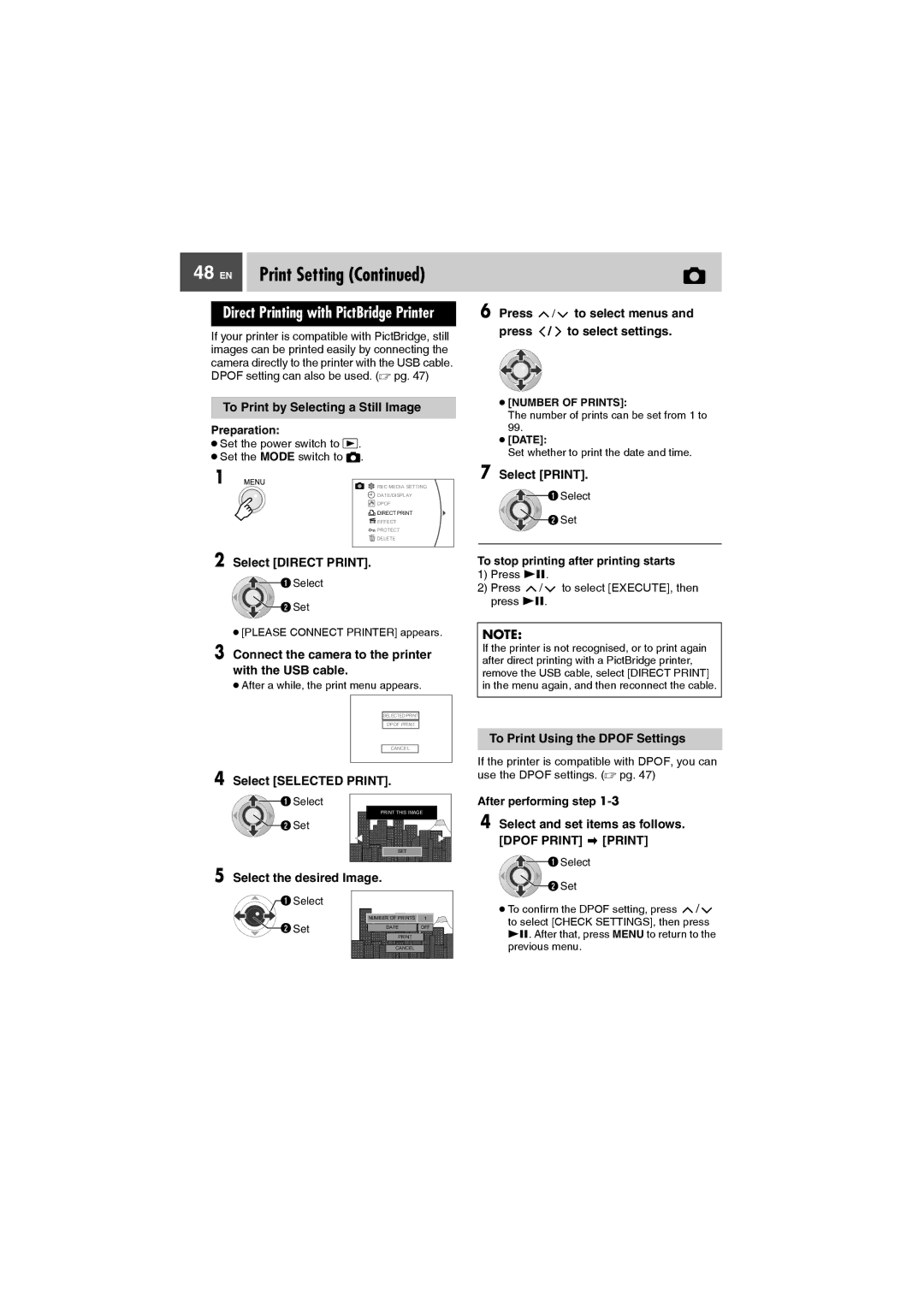 JVC GZ-MG27AA To Print by Selecting a Still Image, Select Direct Print, Select Selected Print, Select the desired Image 