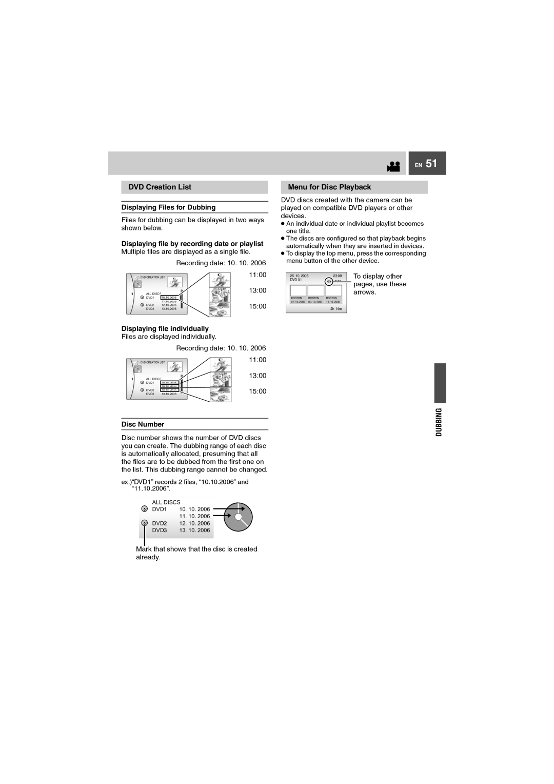 JVC GZ-MG27AA manual Menu for Disc Playback, Recording date 10, Displaying file individually, Disc Number 