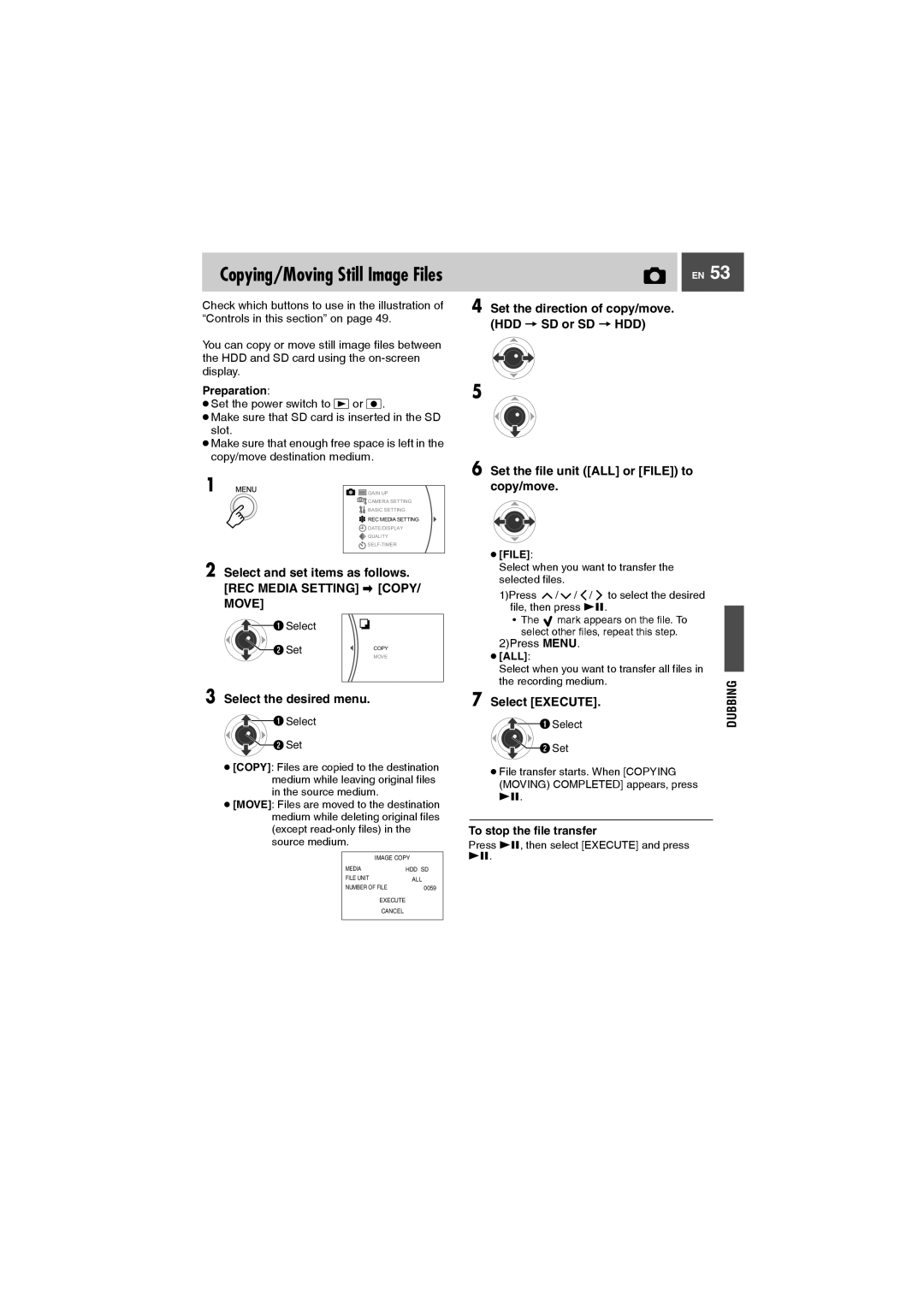 JVC GZ-MG27AA Set the file unit ALL or File to copy/move, Set the direction of copy/move. HDD SD or SD HDD, 2Press Menu 