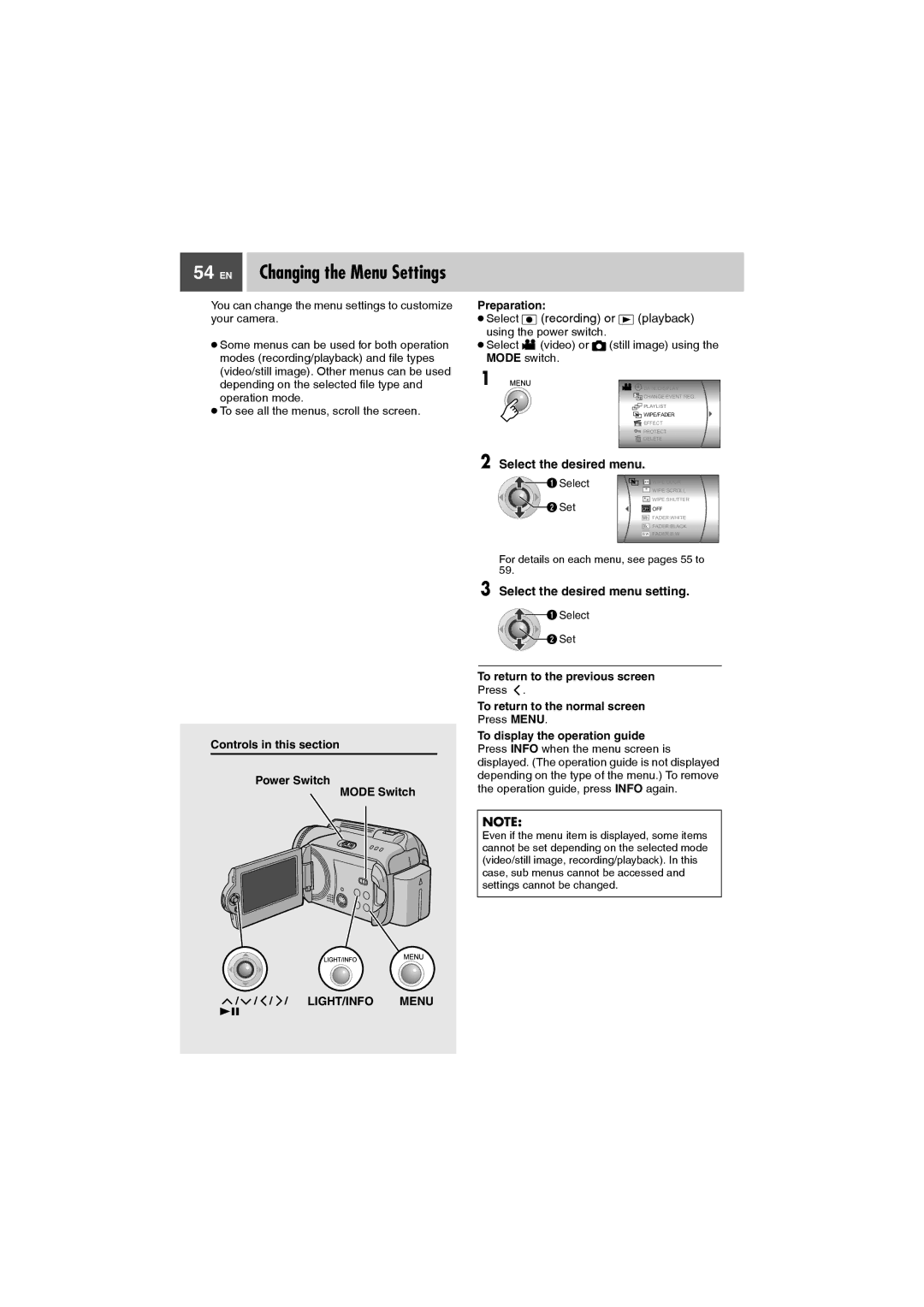 JVC GZ-MG27AA manual Select the desired menu setting, Controls in this section Power Switch Mode Switch 