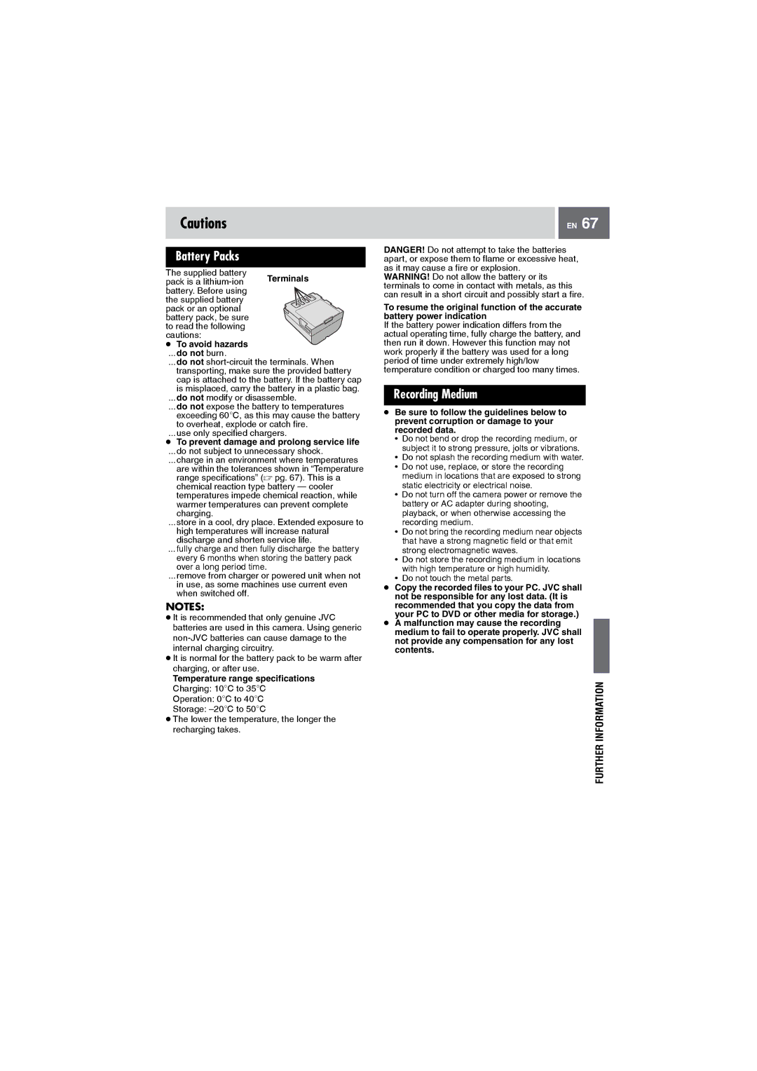 JVC GZ-MG27AA manual Battery Packs, Recording Medium, To avoid hazards, To prevent damage and prolong service life 