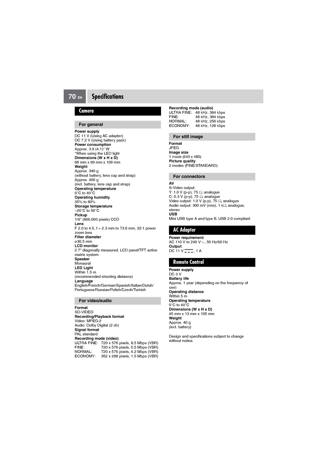 JVC GZ-MG27AA manual EN Specifications, Camera, AC Adapter, Remote Control 