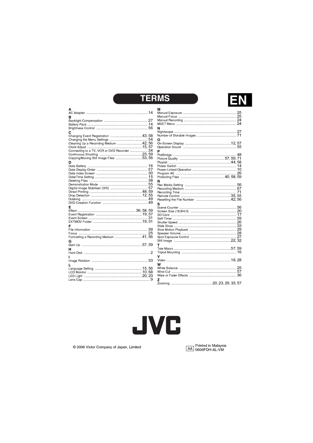 JVC GZ-MG27AA manual 57, 59, 40, 58 