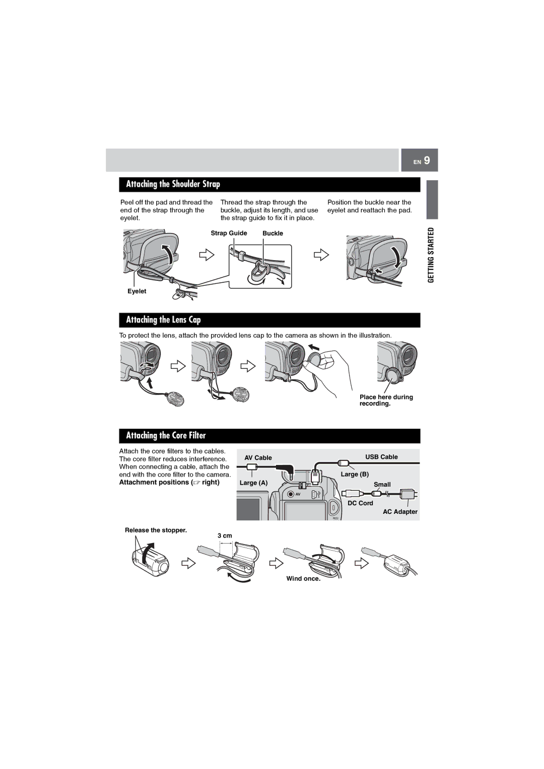 JVC GZ-MG27AA manual Attaching the Shoulder Strap, Attaching the Lens Cap, Attaching the Core Filter 
