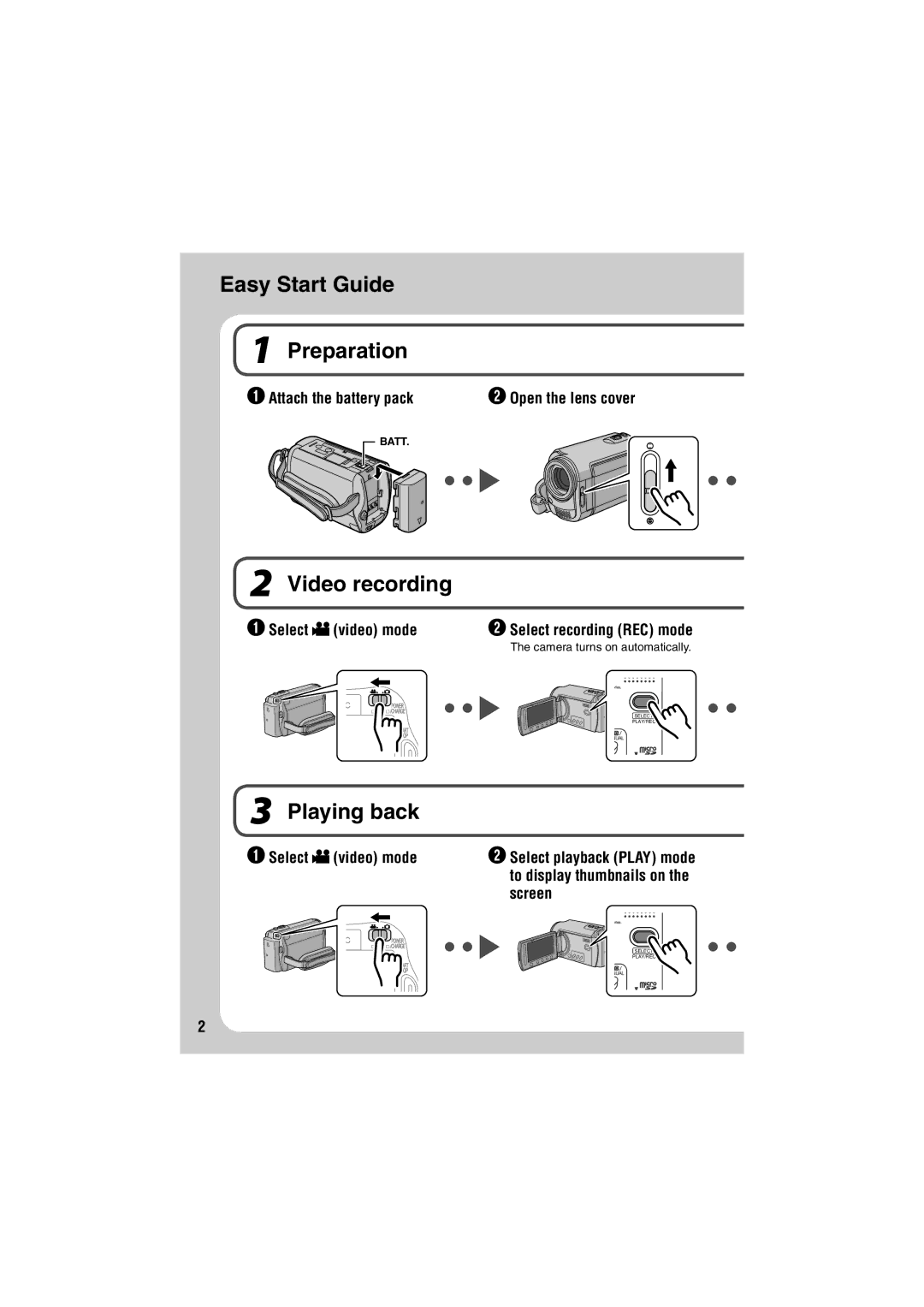 JVC GZ-MG335, GZ-MG365, GZ-MG330 Easy Start Guide Preparation, Video recording, Playing back, Select recording REC mode 