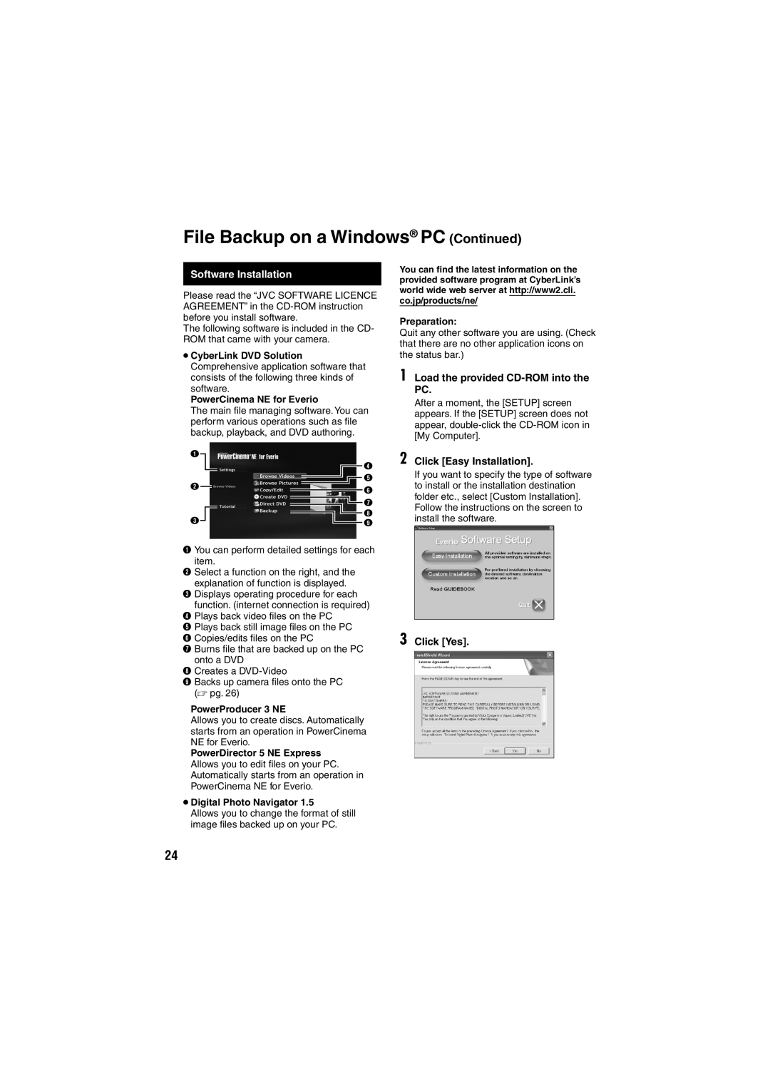 JVC GZ-MG365, GZ-MG330 Software Installation, Load the provided CD-ROM into the PC, Click Easy Installation, Click Yes 