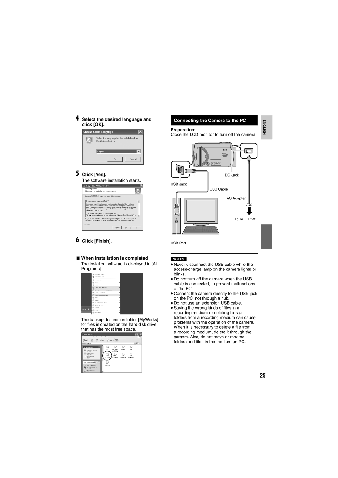 JVC GZ-MG330, GZ-MG365 Select the desired language and click OK Click Yes, Click Finish, Connecting the Camera to the PC 