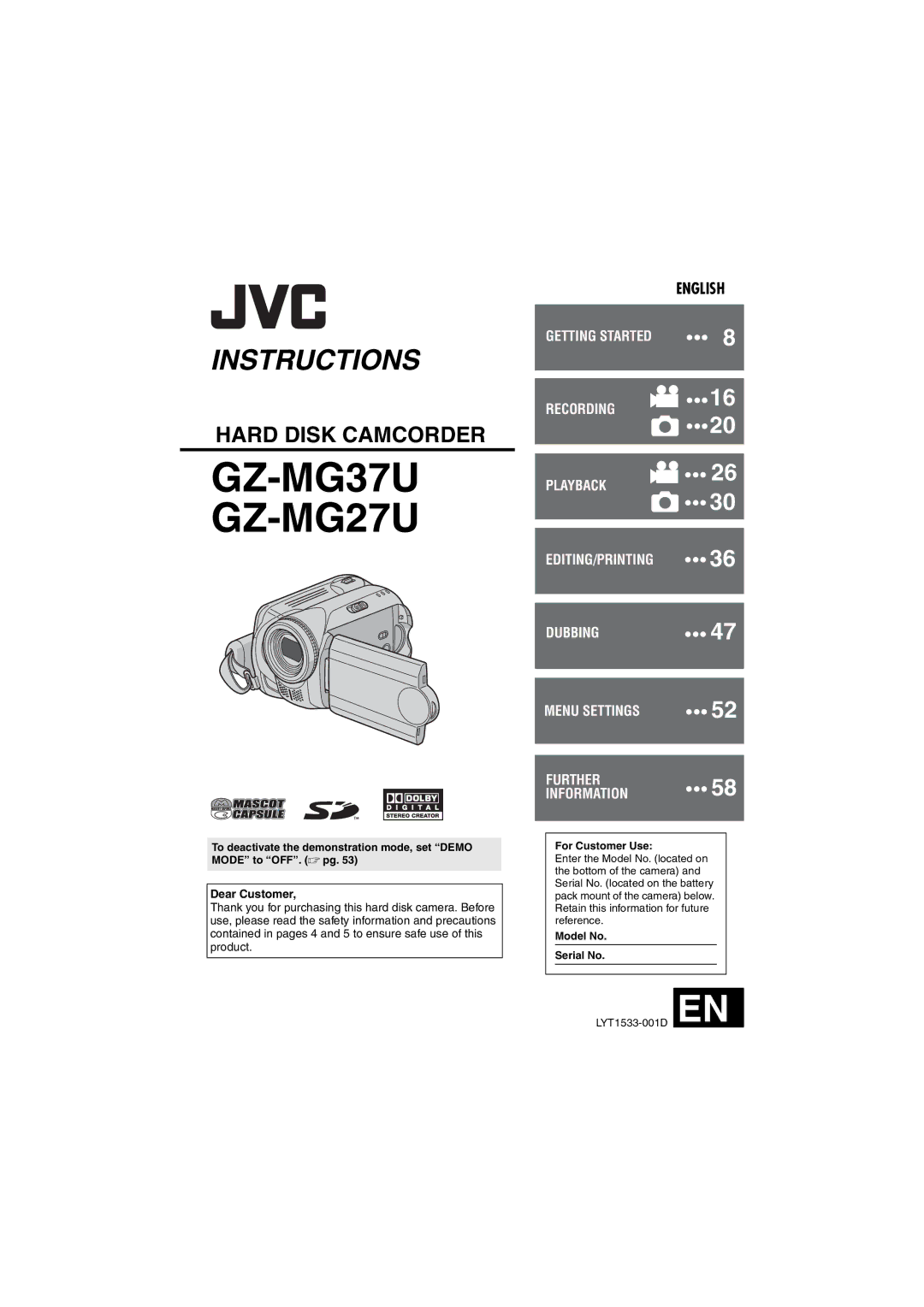 JVC GZ-MG27U, GZ-MG37U manual Dear Customer, For Customer Use, Model No Serial No 