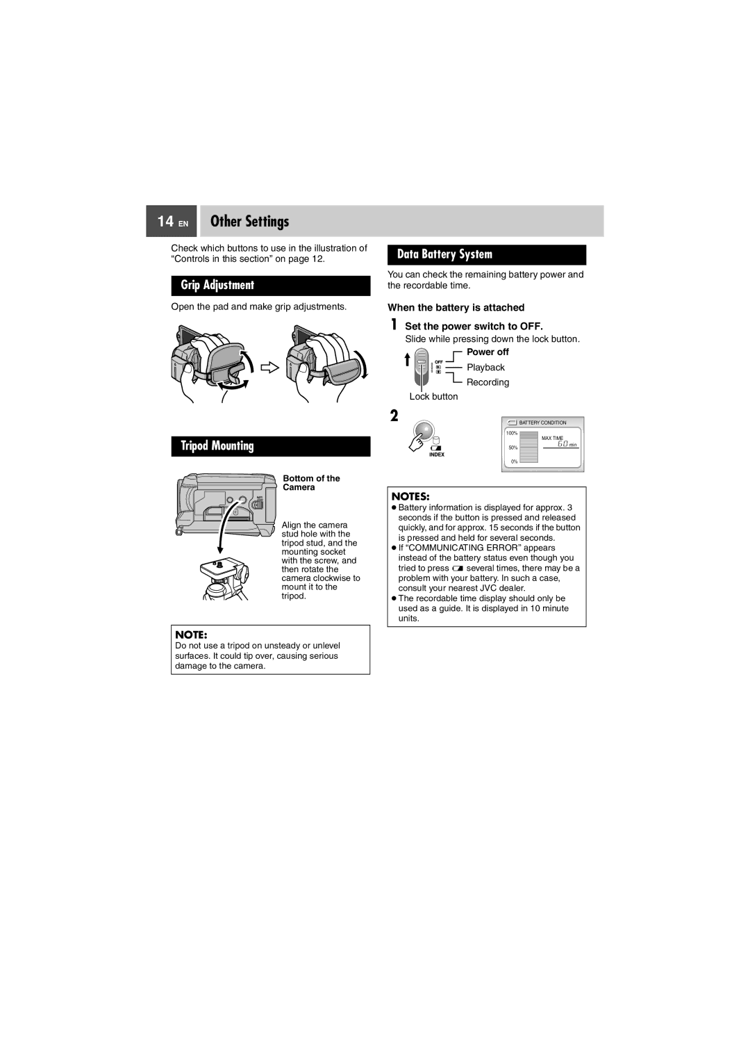 JVC GZ-MG37U, GZ-MG27U manual EN Other Settings, Grip Adjustment, Data Battery System, Tripod Mounting 