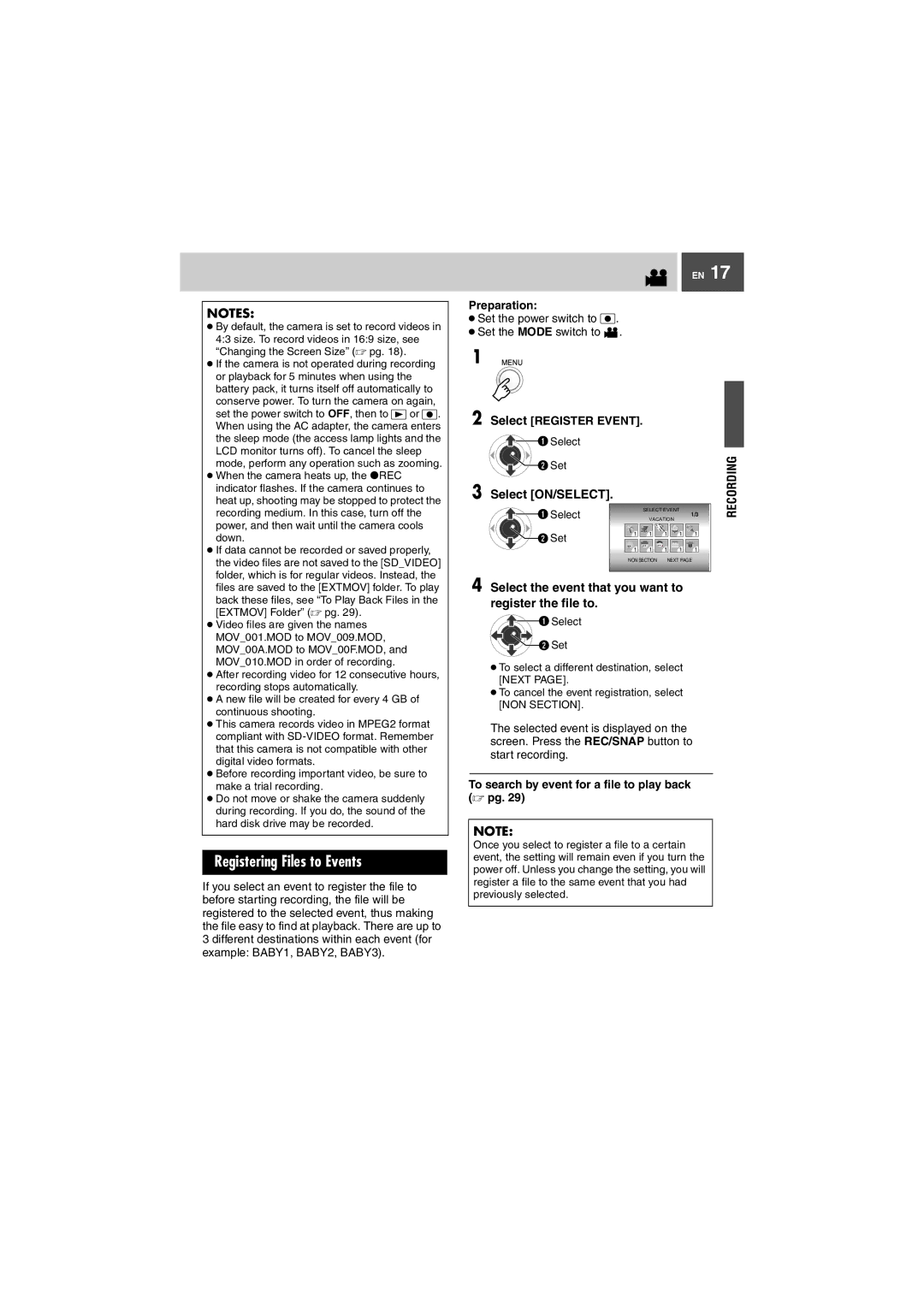 JVC GZ-MG27U, GZ-MG37U manual Registering Files to Events, Select ON/SELECT, Select Register Event 