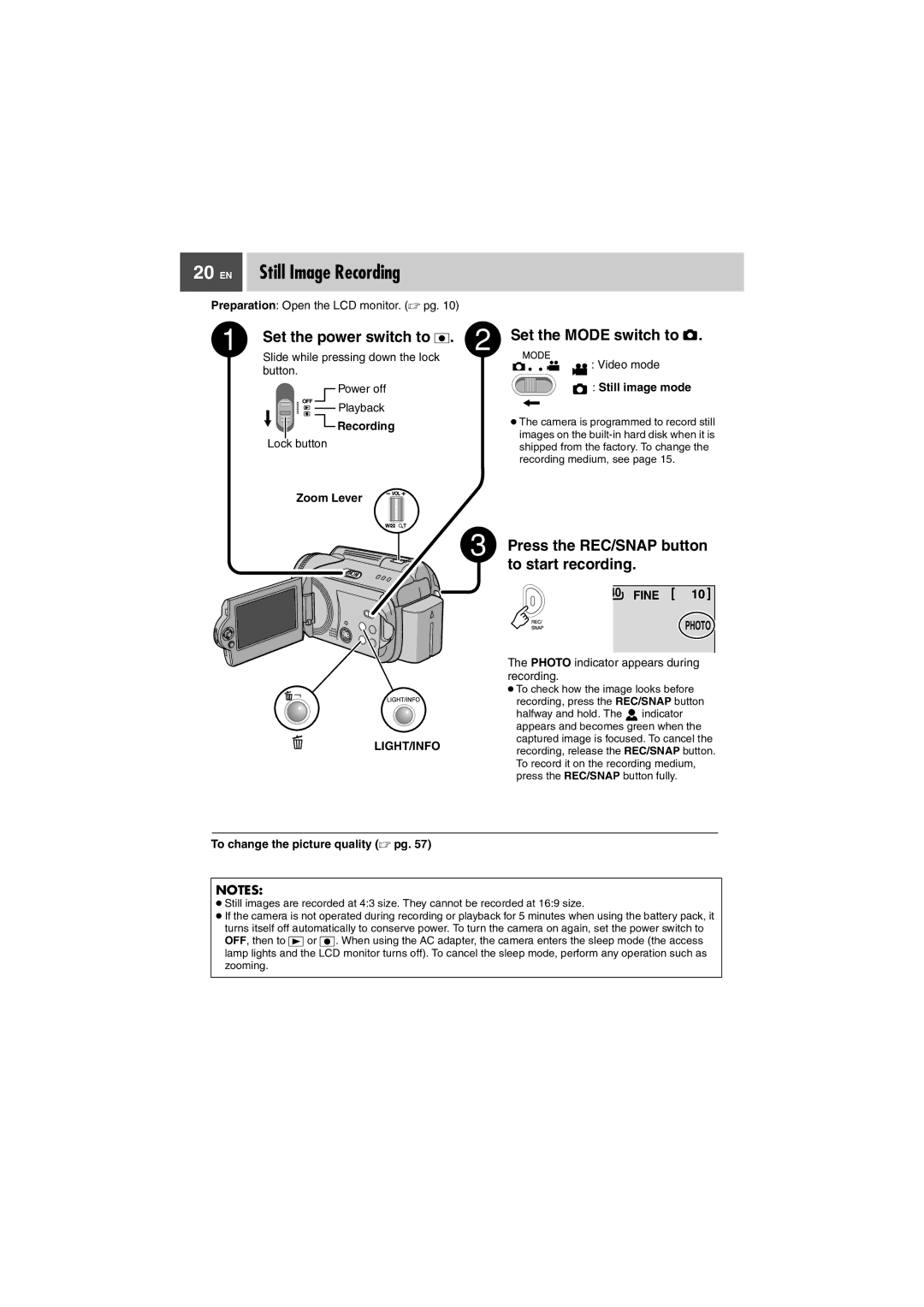 JVC GZ-MG37U, GZ-MG27U manual EN Still Image Recording, Still image mode, Fine Photo, To change the picture quality  pg 