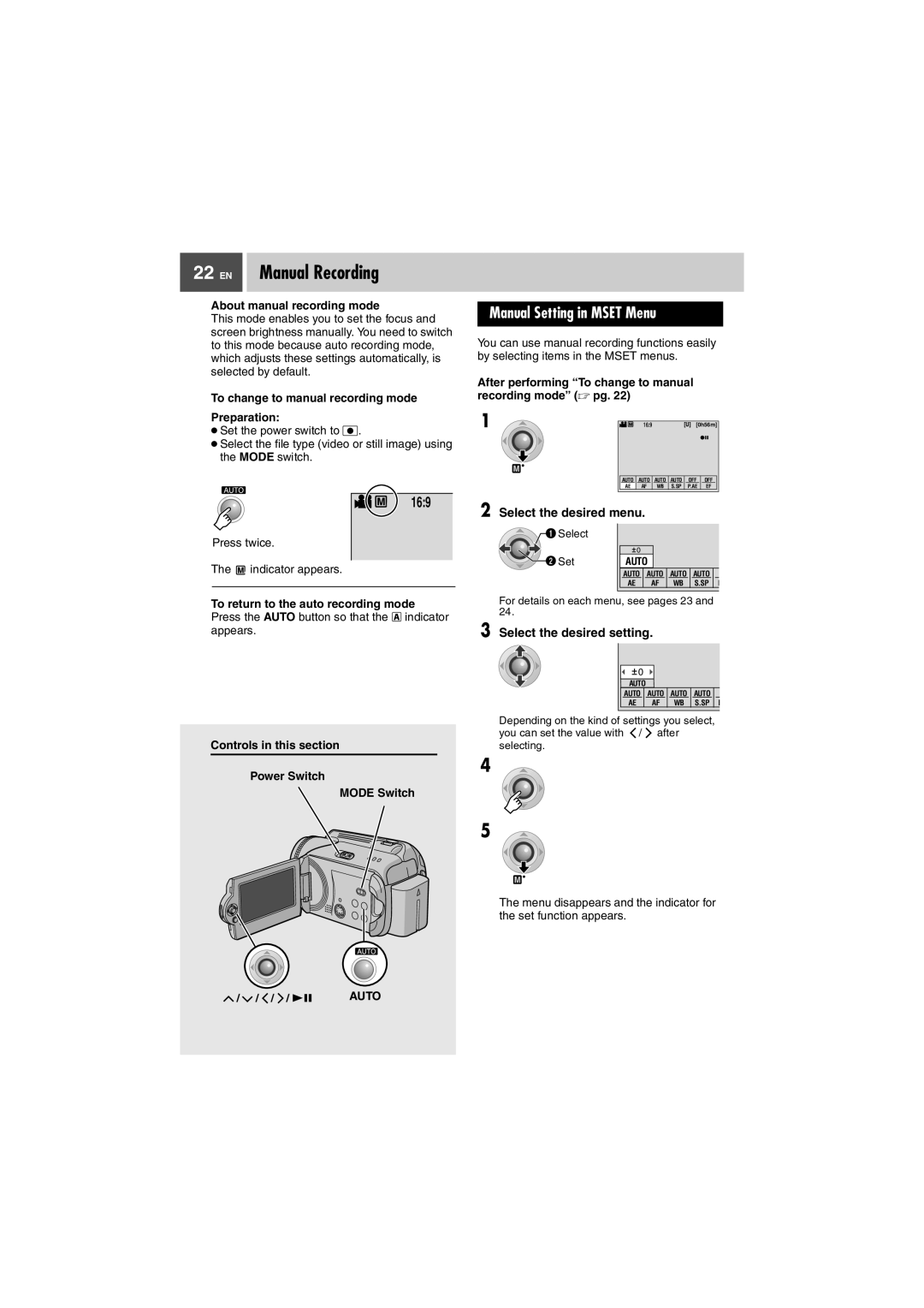 JVC GZ-MG37U EN Manual Recording, Manual Setting in Mset Menu, Select the desired menu, Select the desired setting, Auto 