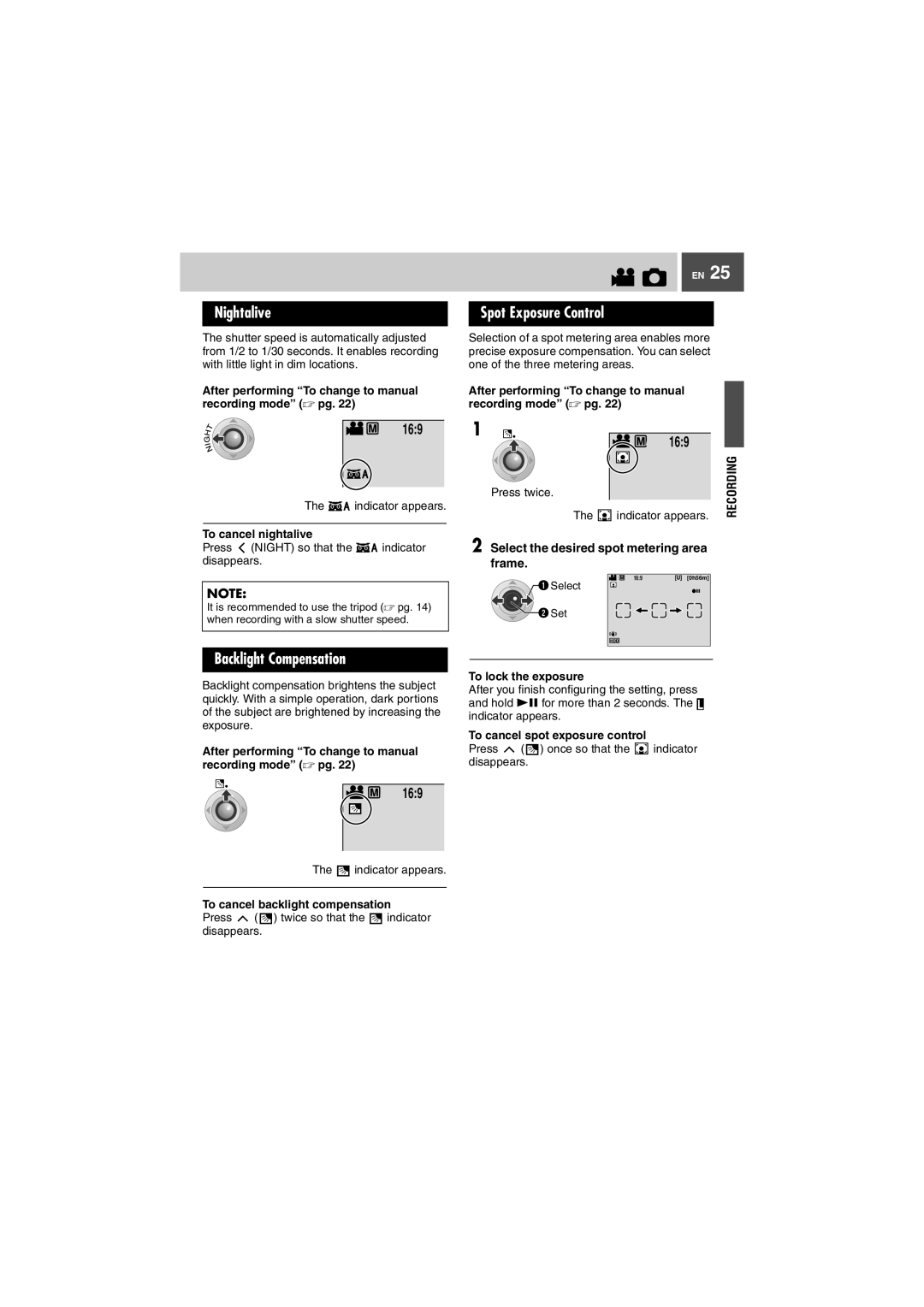 JVC GZ-MG27U, GZ-MG37U manual Nightalive Spot Exposure Control, Backlight Compensation, Frame 