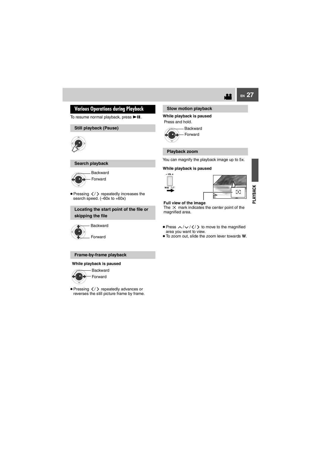 JVC GZ-MG27U, GZ-MG37U Still playback Pause Search playback, Locating the start point of the file or Skipping the file 