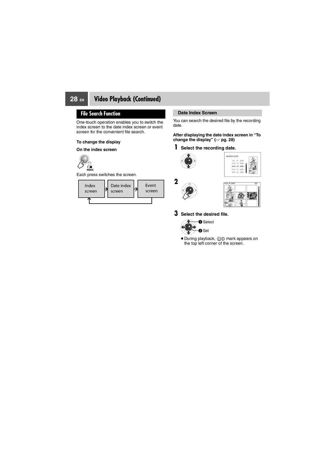 JVC GZ-MG37U, GZ-MG27U manual File Search Function, Date Index Screen, Select the recording date, Select the desired file 