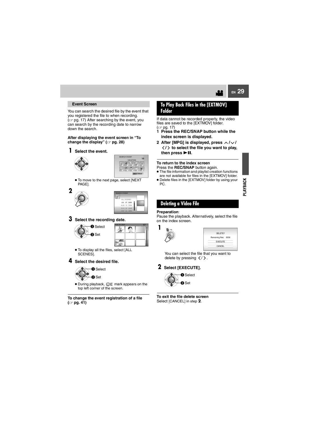 JVC GZ-MG27U, GZ-MG37U manual To Play Back Files in the Extmov Folder, Deleting a Video File, Select the event 