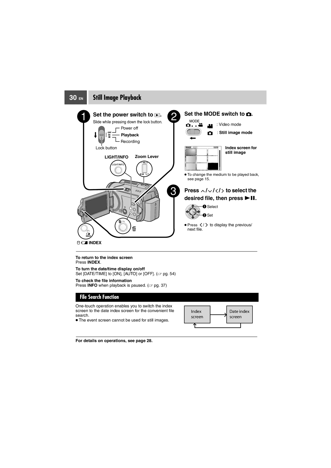 JVC GZ-MG37U, GZ-MG27U EN Still Image Playback, Still image, LIGHT/INFO Zoom Lever, To turn the date/time display on/off 