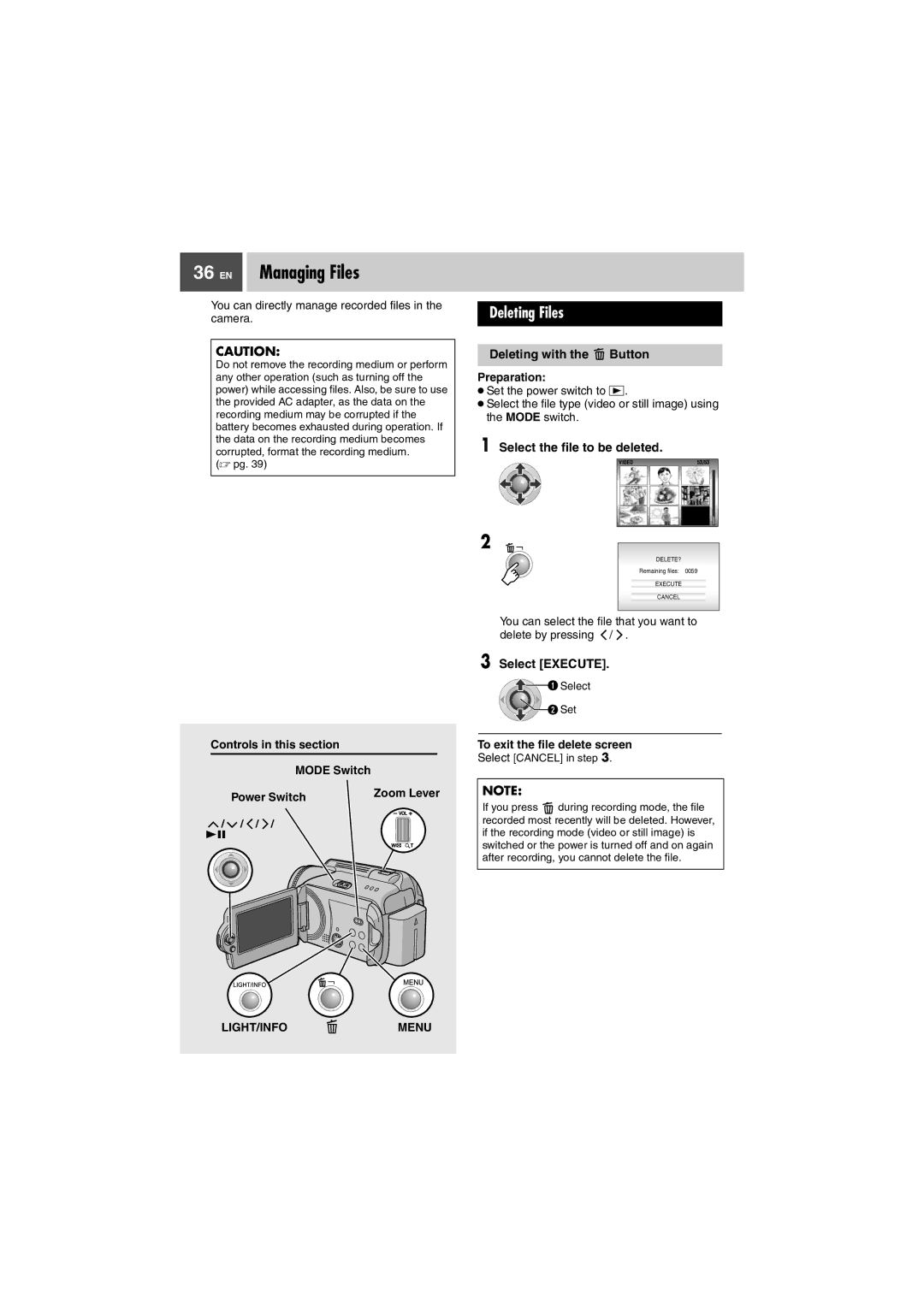 JVC GZ-MG37U EN Managing Files, Deleting Files, Deleting with the Button, Select the file to be deleted, LIGHT/INFO Menu 