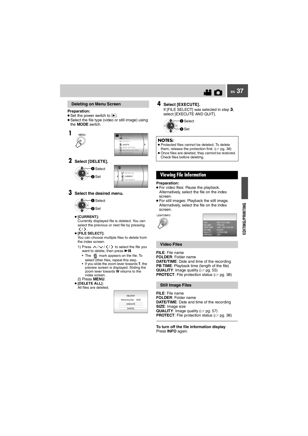 JVC GZ-MG27U, GZ-MG37U Viewing File Information, Deleting on Menu Screen, Select Delete, Video Files, Still Image Files 