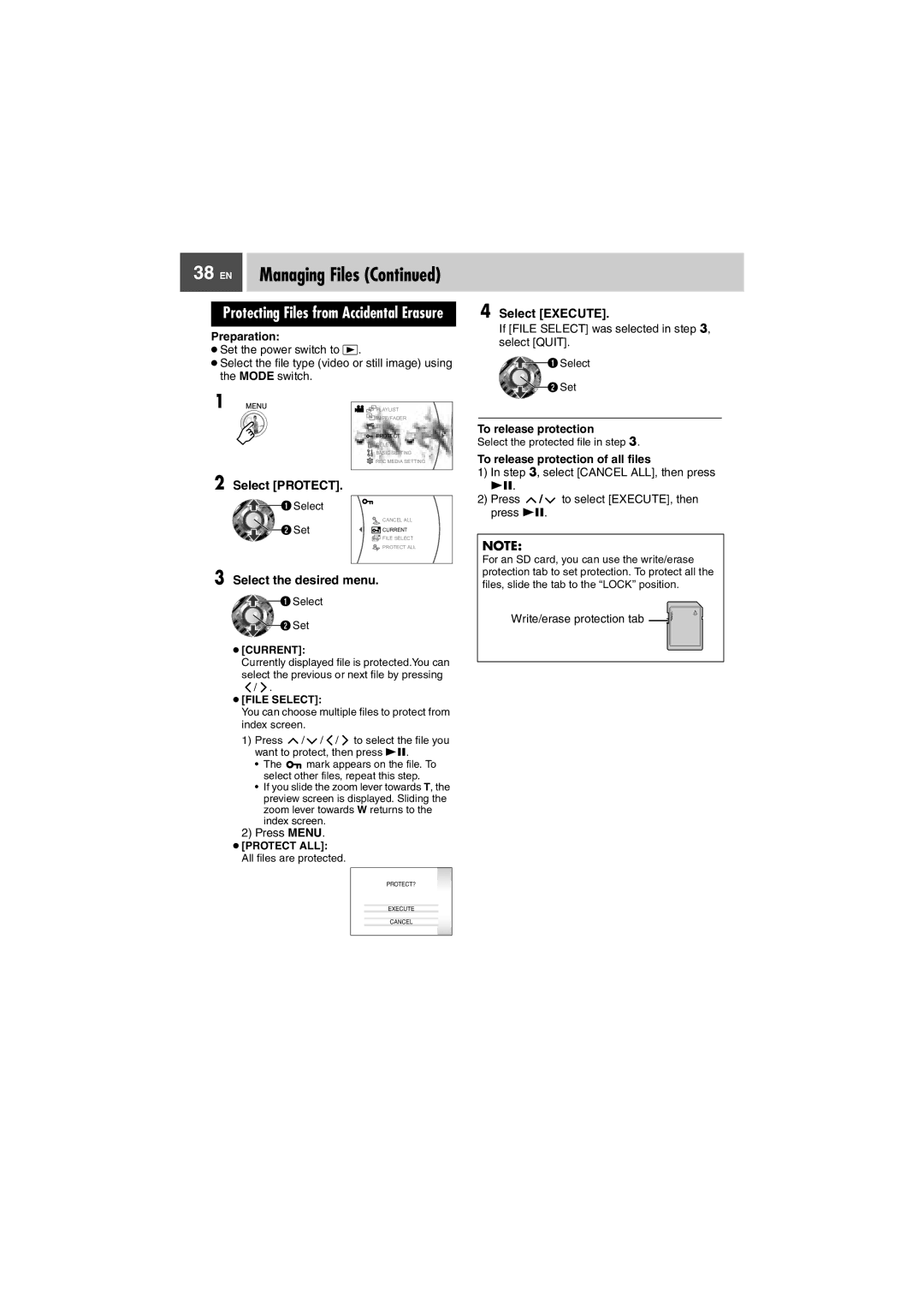 JVC GZ-MG37U, GZ-MG27U manual Select Protect, If File Select was selected in , select Quit, To release protection 