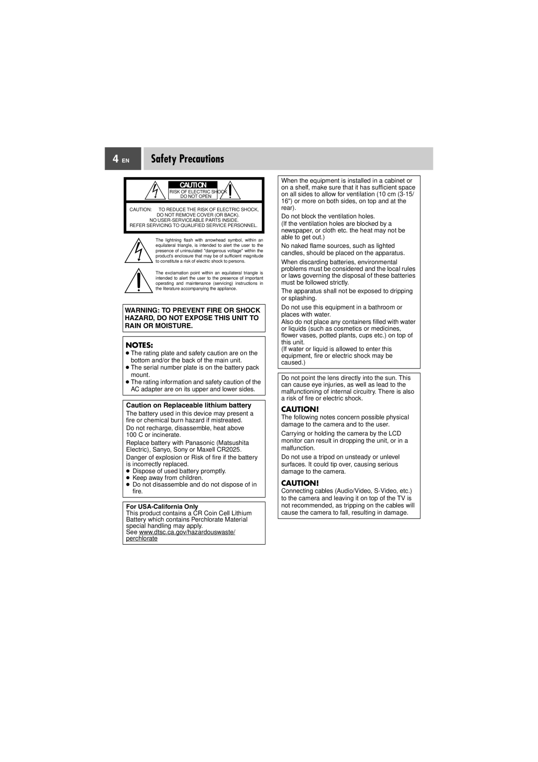 JVC GZ-MG37U, GZ-MG27U manual EN Safety Precautions, For USA-California Only 