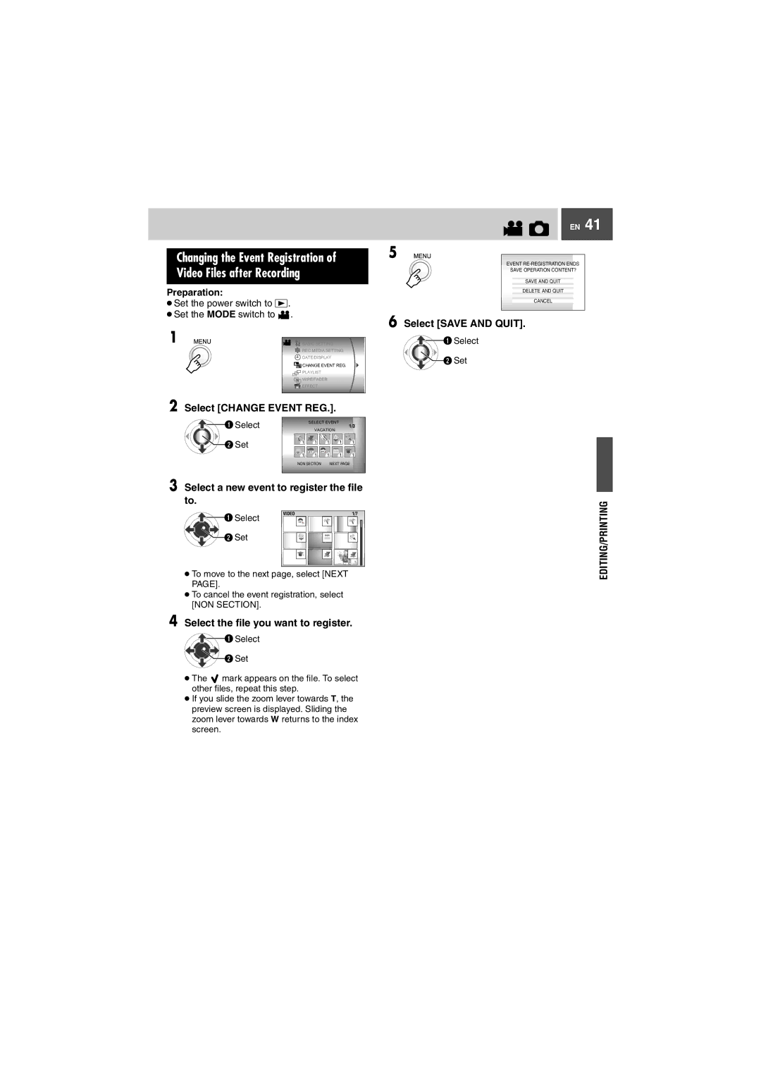 JVC GZ-MG27U Select Change Event REG, Select a new event to register the file to, Select the file you want to register 