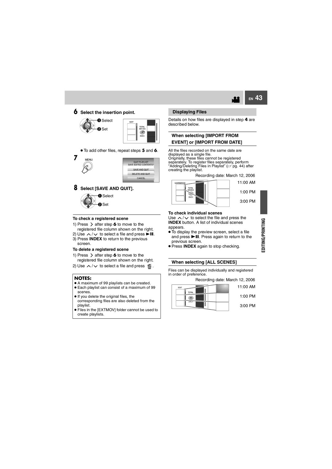 JVC GZ-MG27U, GZ-MG37U Select the insertion point, Displaying Files, When selecting Import from Event or Import from Date 