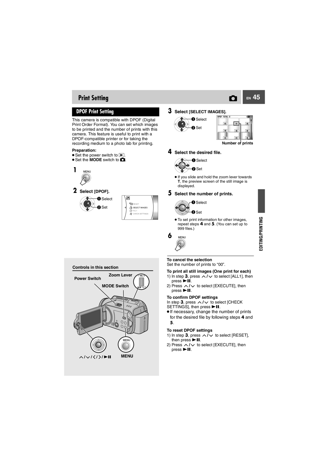 JVC GZ-MG27U, GZ-MG37U manual Dpof Print Setting, Select Dpof, Select the number of prints 