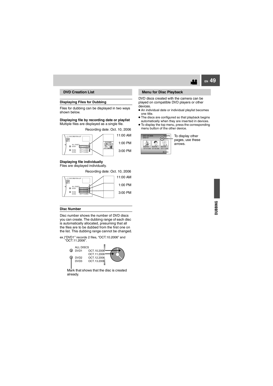 JVC GZ-MG27U, GZ-MG37U manual DVD Creation List, Menu for Disc Playback 