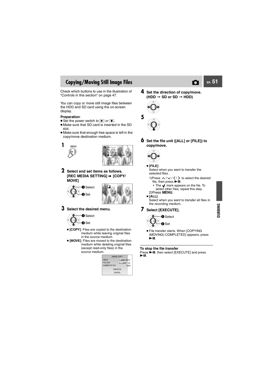 JVC GZ-MG27U Set the file unit ALL or File to copy/move, Set the direction of copy/move. HDD SD or SD HDD, 2Press Menu 