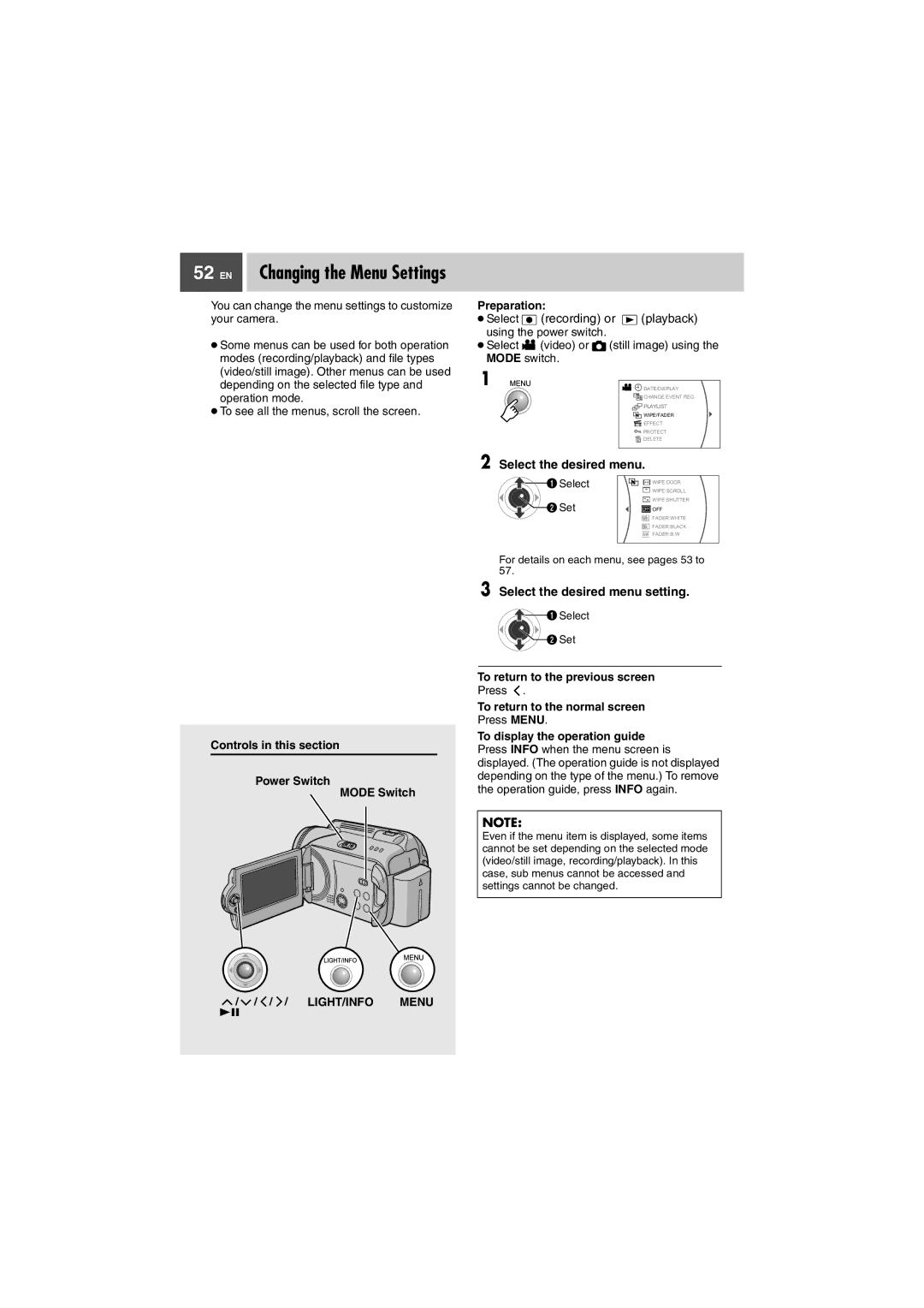 JVC GZ-MG37U, GZ-MG27U manual Select the desired menu setting, Select video or still image using the Mode switch 