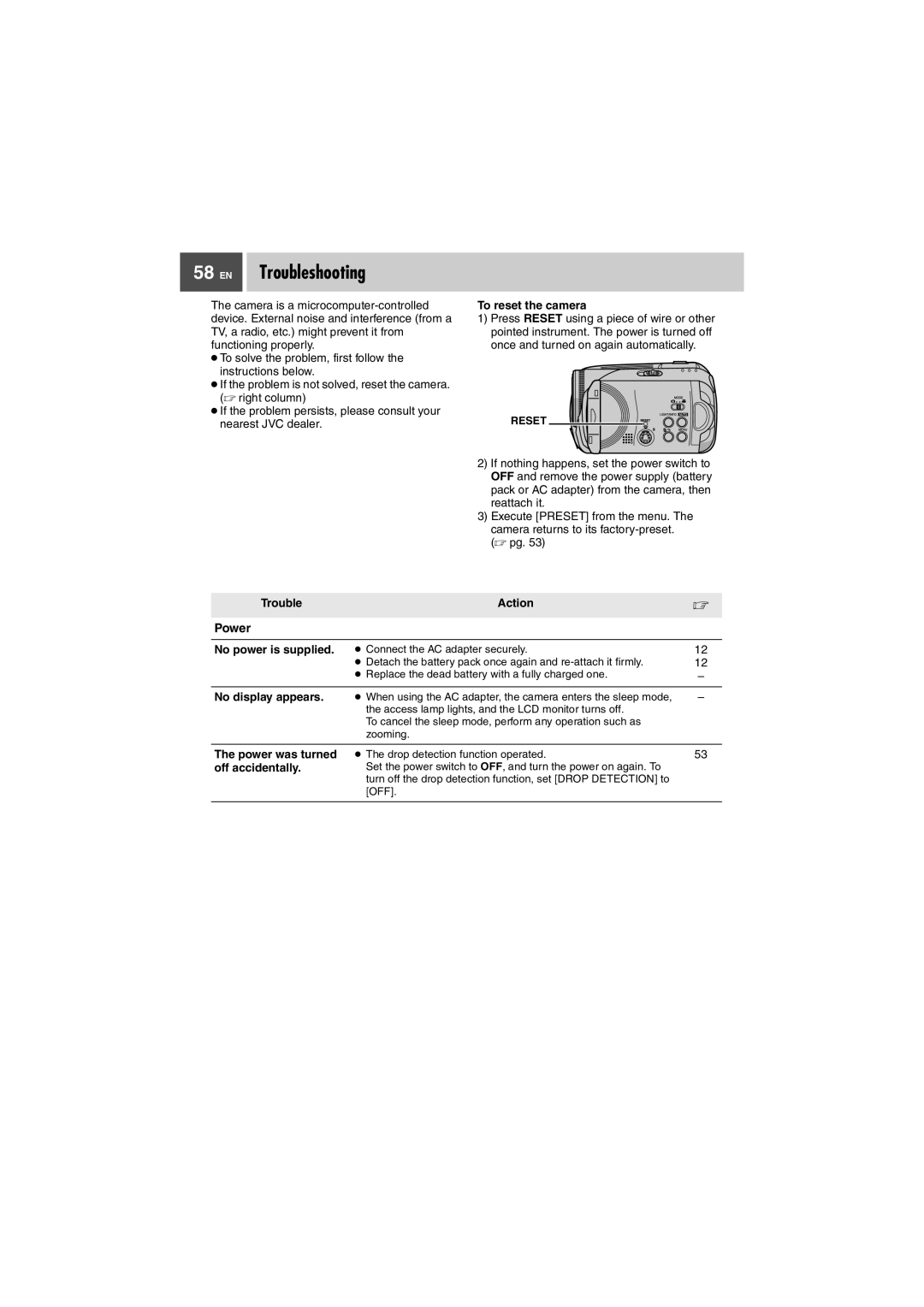 JVC GZ-MG37U, GZ-MG27U manual EN Troubleshooting, Power 