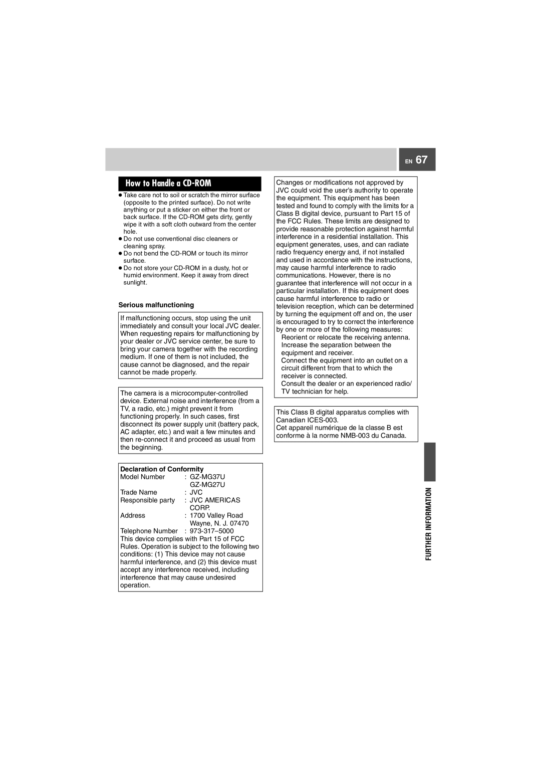 JVC GZ-MG27U, GZ-MG37U manual How to Handle a CD-ROM, Serious malfunctioning, Declaration of Conformity 