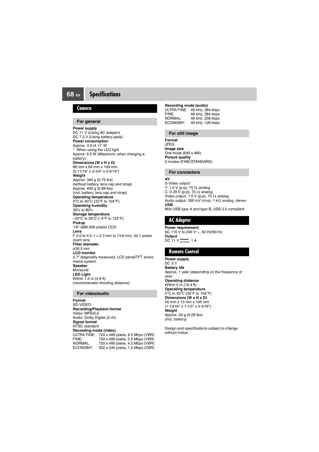 JVC GZ-MG37U, GZ-MG27U manual EN Specifications, Camera, Remote Control 