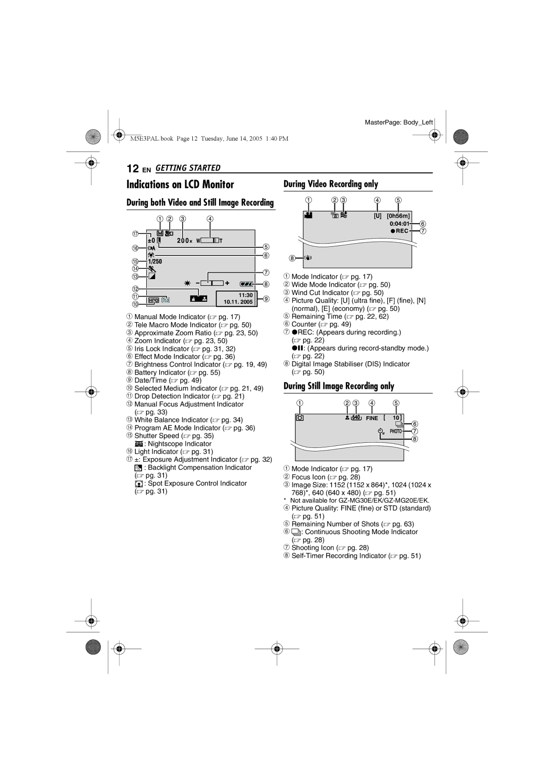 JVC GZ-MG40E/EK manual Indications on LCD Monitor, During Video Recording only, During Still Image Recording only, 0h56m 