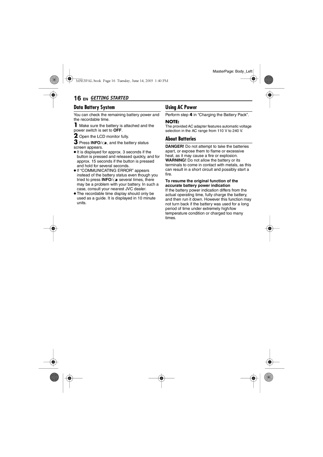 JVC GZ-MG40E/EK manual Data Battery System, About Batteries 