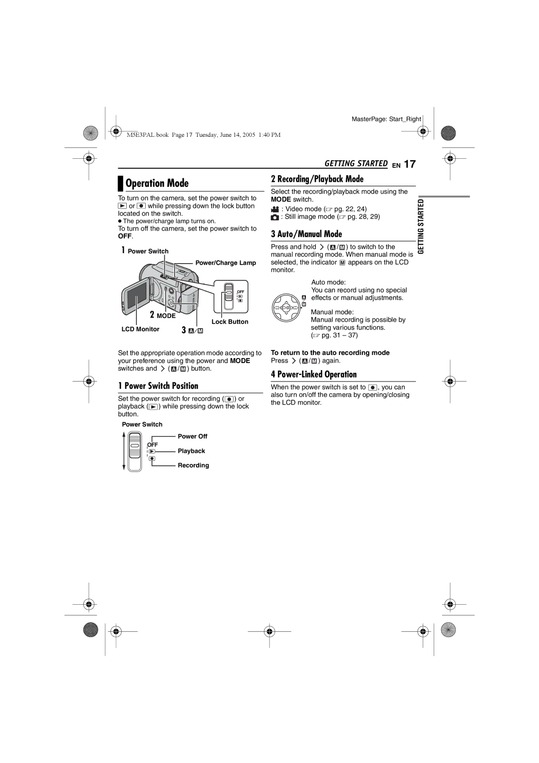 JVC GZ-MG40E/EK manual Operation Mode, Recording/Playback Mode, Power Switch Position, Power-Linked Operation 