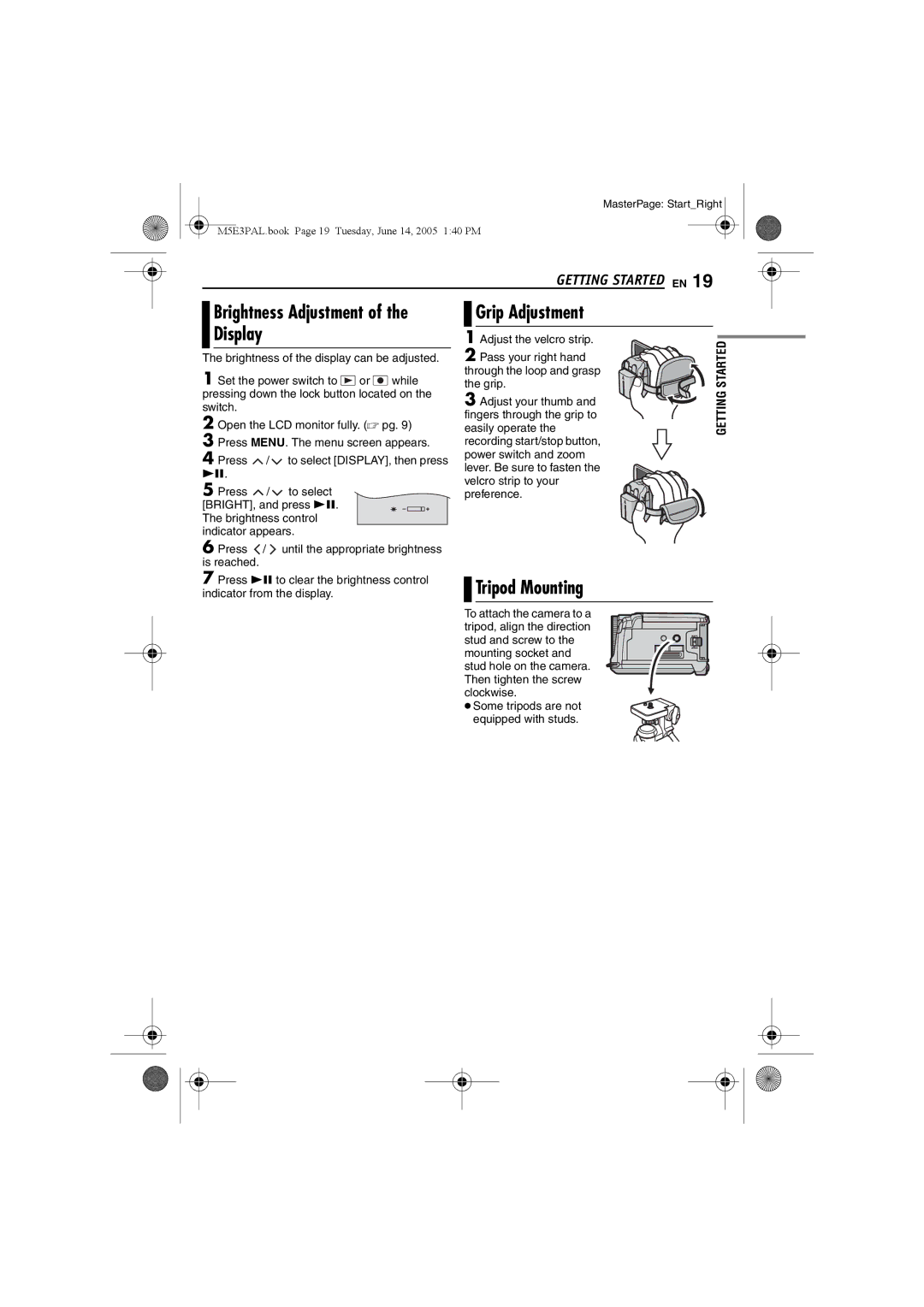 JVC GZ-MG40E/EK manual Grip Adjustment, Tripod Mounting 