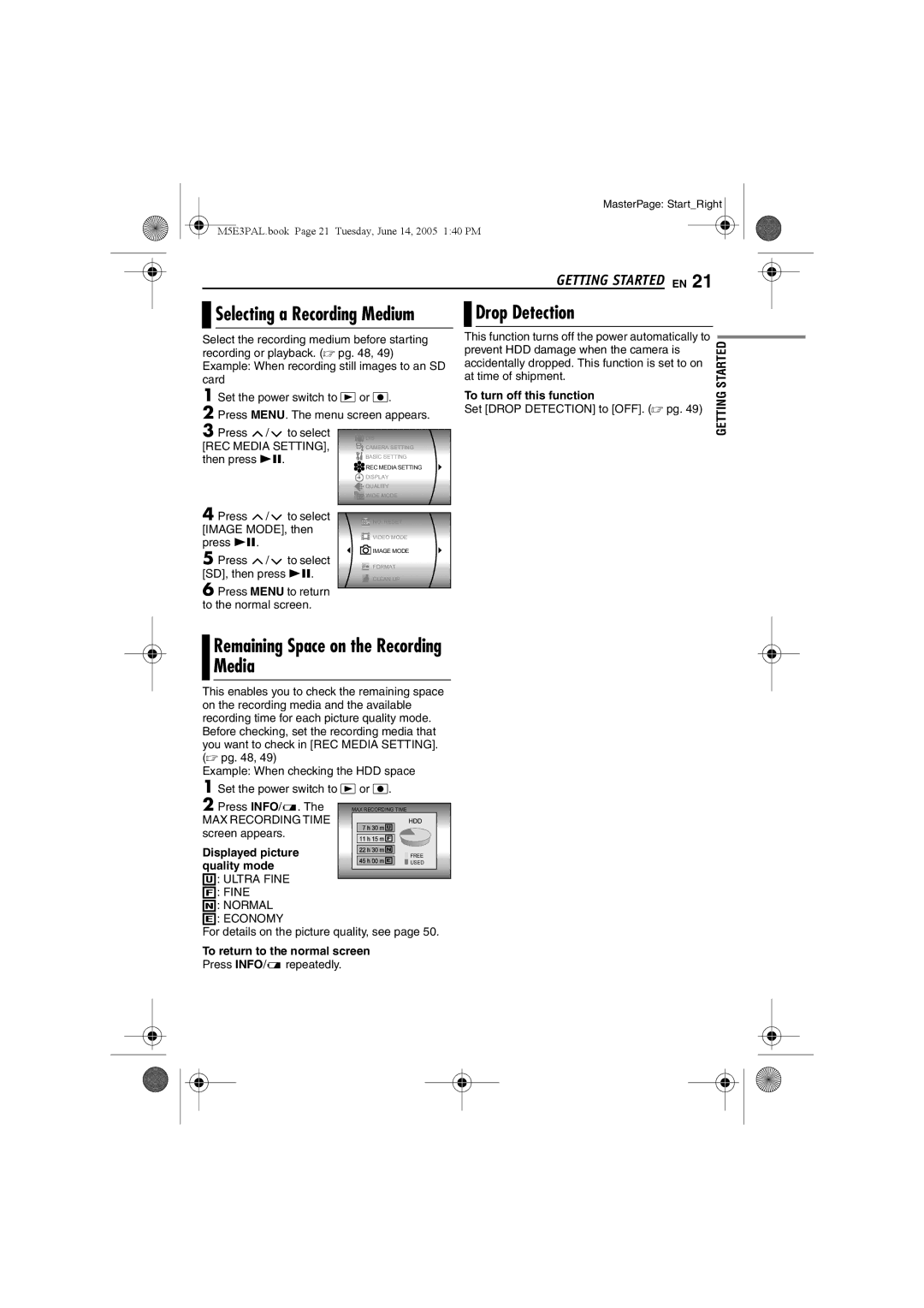 JVC GZ-MG40E/EK manual Drop Detection, Remaining Space on the Recording Media, Selecting a Recording Medium 